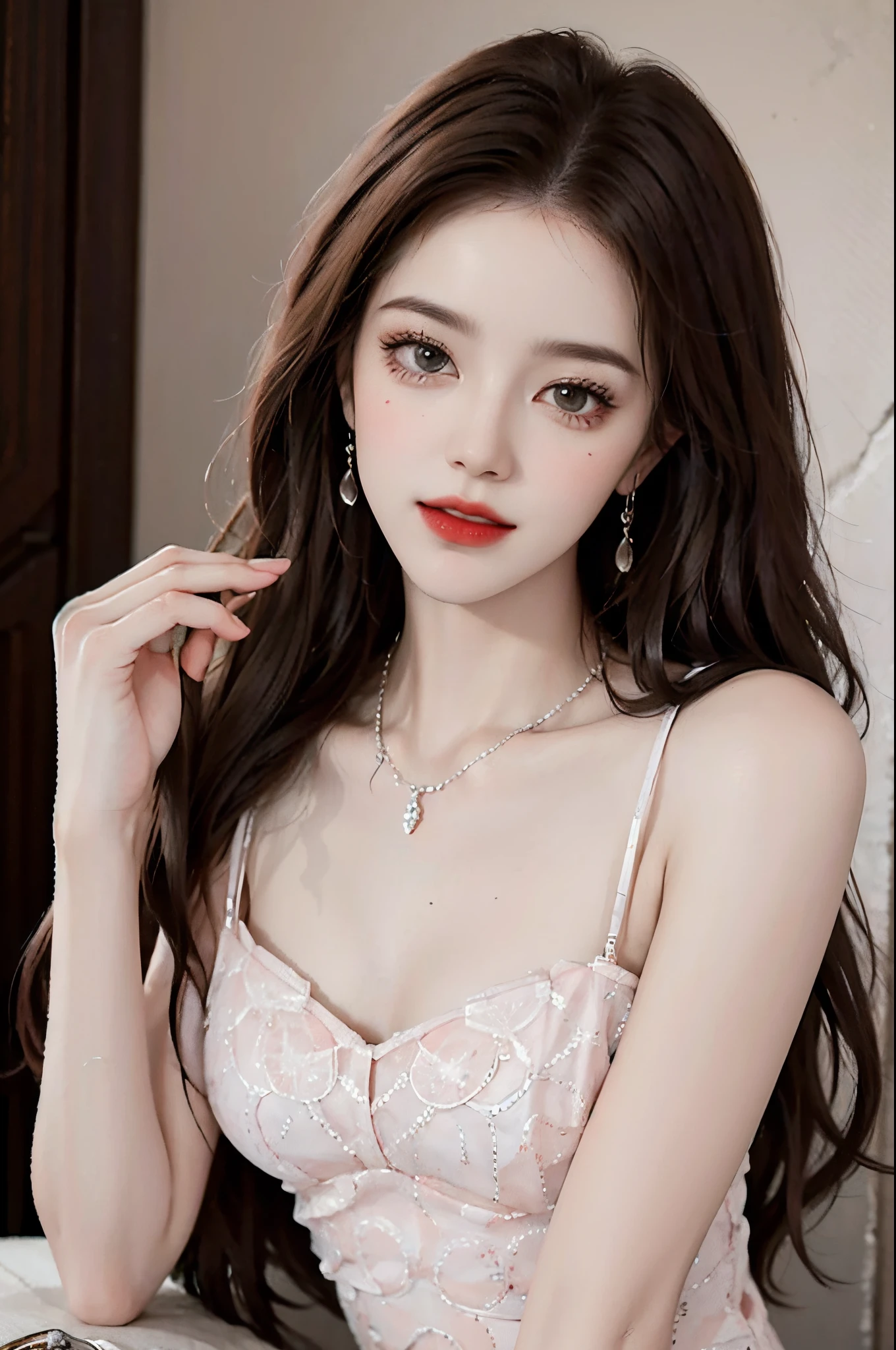 masterpiece、Top image quality:1.2、((beautiful young woman with))、Transparent skin:1.2、{A slight smil}、(kawaii)、Luxury bar counter、pureerosface_v1:0.8