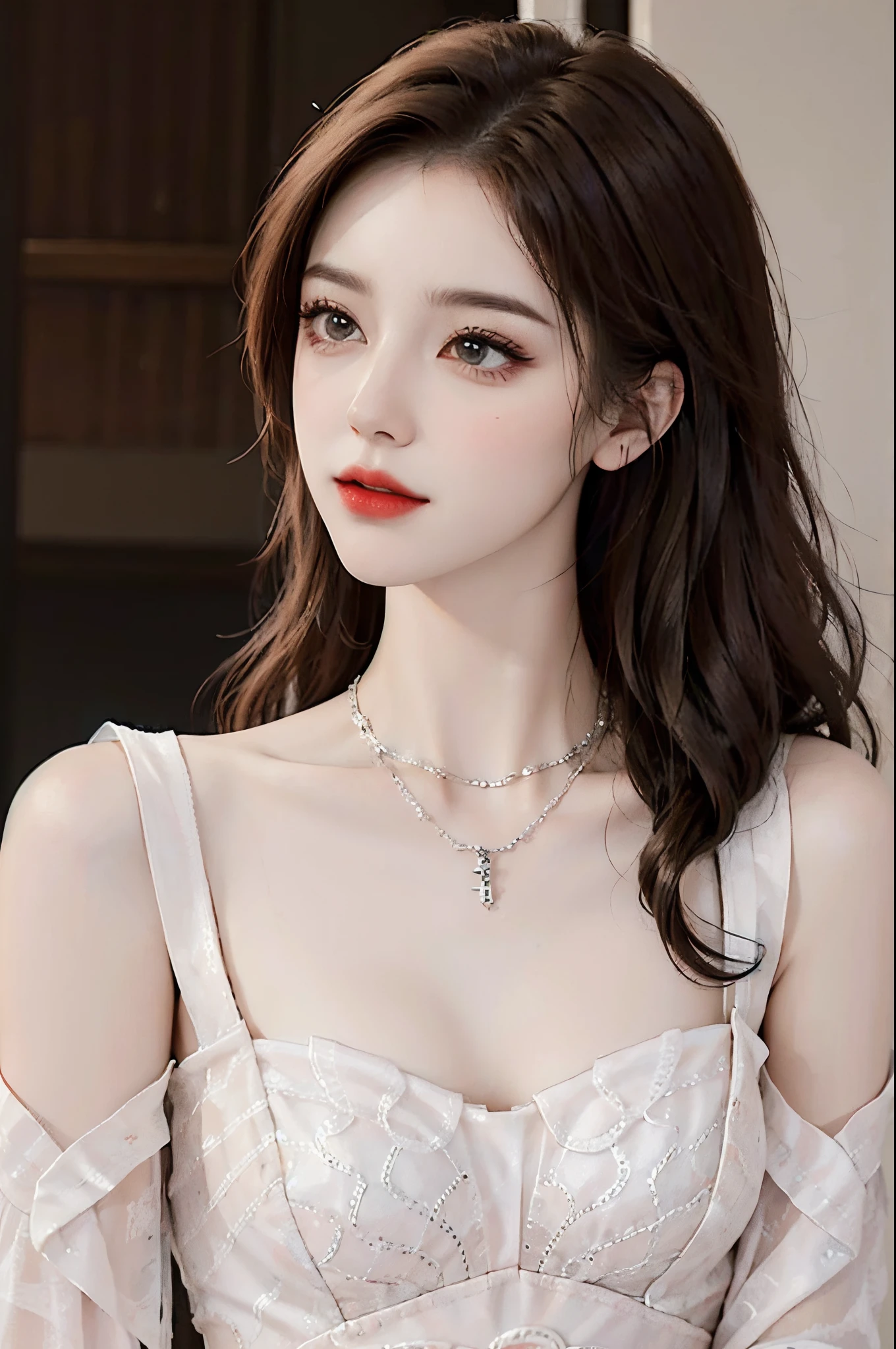 Sweet girl dress2,dress, yjnn, 1girl, fashi-girl, red lips, mature female, makeup, ((cowboy shot)), (realistic), leaning forward, (Surrealistic + pure), exquisite beautiful eyes, HD quality, Dynamic tilt, High nose, Flare effect, realistic details, Official art, Masterpiece, Unity 8k wallpaper, beautiful masterpiece, Top quality, Radiant skin, cinematic lighting, sweet and cute, long brown hair, curly hair, warm tones, high color saturation