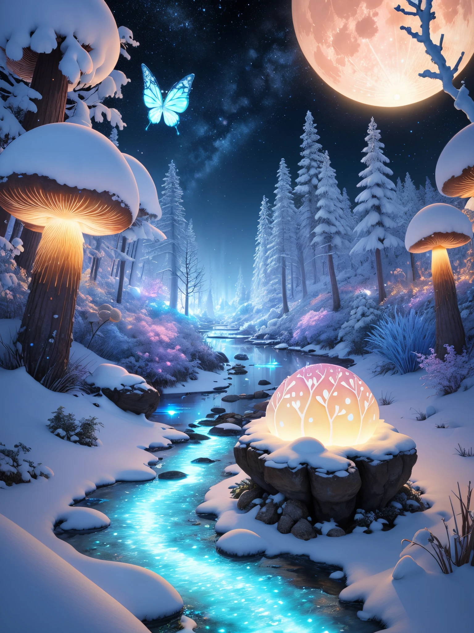 a fairy world,Snow Forest and Creation Mushroom,Milkyway Sky,Lights create glowing butterfly,large moon,Blue River,SakuraNore followers,4K, wonderful art beautiful minerals, Rainbow crystals, ultra - detailed, Light up colorful diamonds,jewely,crystal,shine,metallic luster,Glaze color,incredible lighting, ultra - detailed, 8K, Unreal Engine5, a 3D render