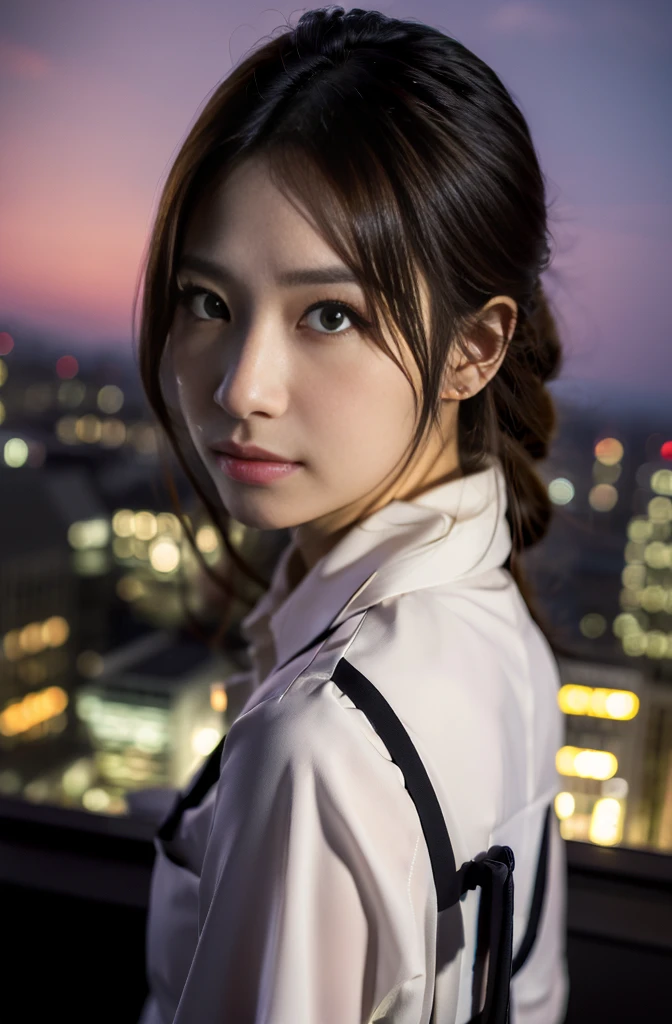 (Photoreal Stick:1.4, masutepiece:1.5, 8K), (top-quality, masterpiece, 超A high resolution), Perfect dynamic composition, Professional camera work:1.3, Grow Light Effect, Realistic portrait:1.3, Cinematic Light, Highly detailed skin and facial texture:1.3, The ultra-detailliert, Detailed hand, A detailed eye, Extremely beautiful face, Wearing a business suit and white shirt, Twilight, ,night view at night, Totally captivates you, Medium chest, Backshots