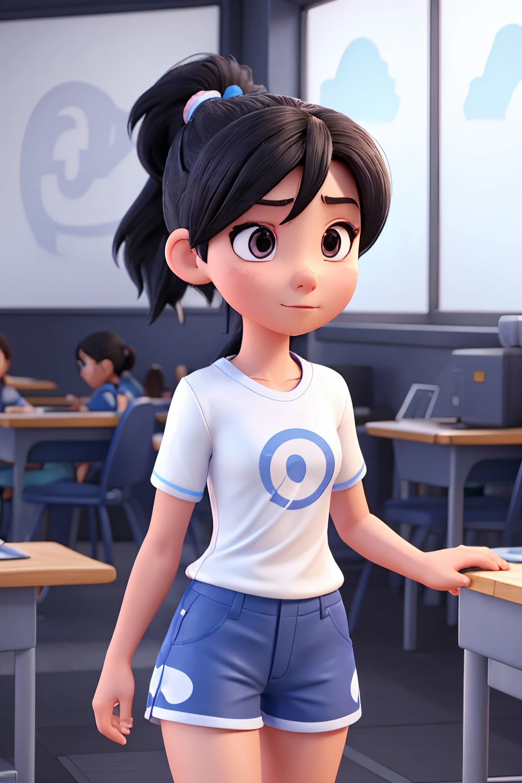 female student, Xiaoyu, 19years old, Black double ponytail hair, Wear blue shorts, White T-shirt and white jacket, Face to face audience,Disney Pixar style, 3D, Animated characters, high high quality
