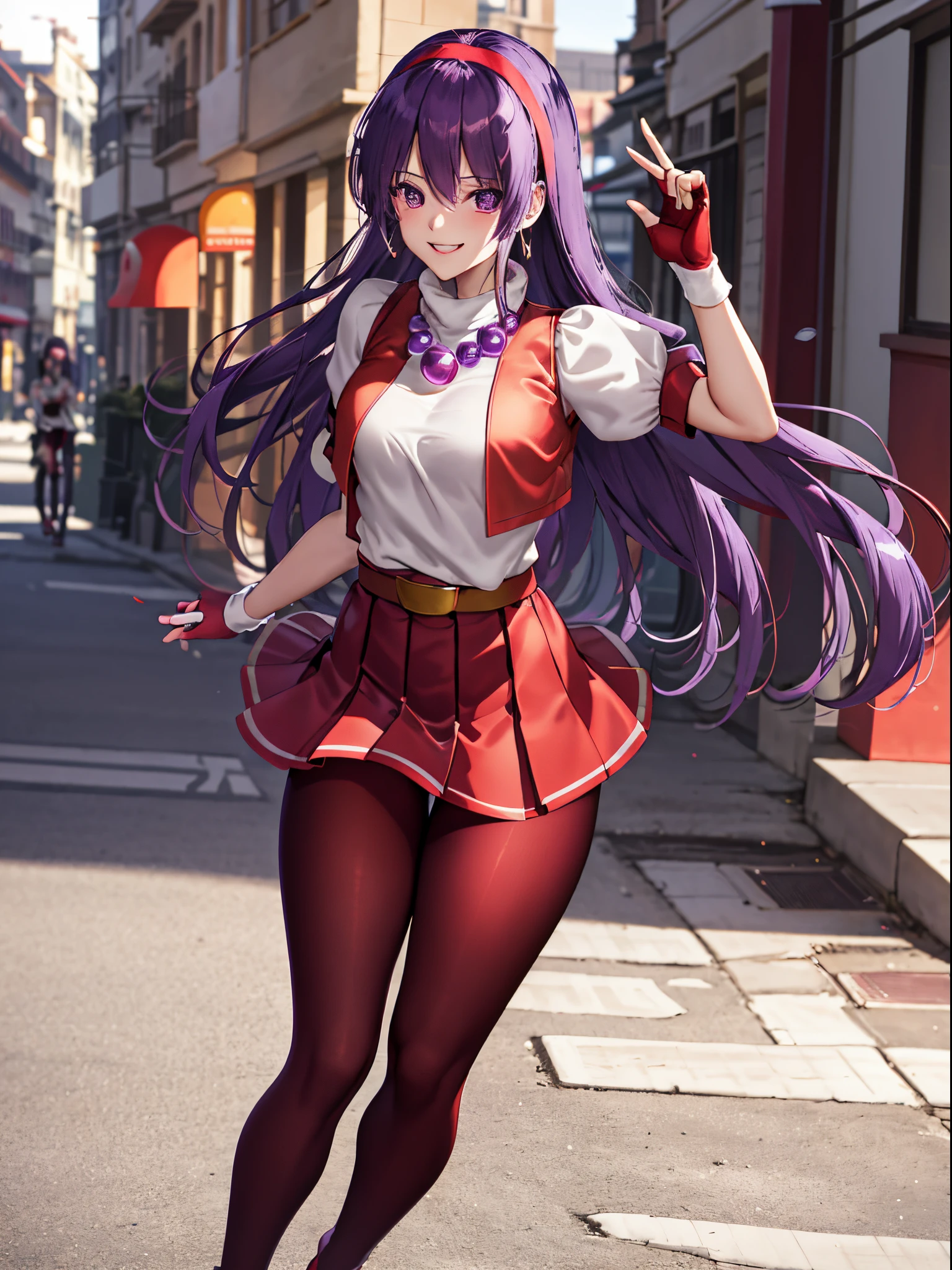 (masterpiece), (best quality), (ultra-detailed), intricate detail, athena97, 1girl, solo, purple eyes, purple hair, long hair, white earrings, red hairband, star hair ornament, medium breats, red vest, white turtleneck, white puffy sleeves, short sleeves, red pleated skirt, (deep red pantyhose:1.2), black pantyhose, yellow belt, purple sphere shape necklace, red fingerless gloves, white short socks, red shoes,   (outdoors), photography, smile, blush, sunny, cowboy shot, blurry background, street background,