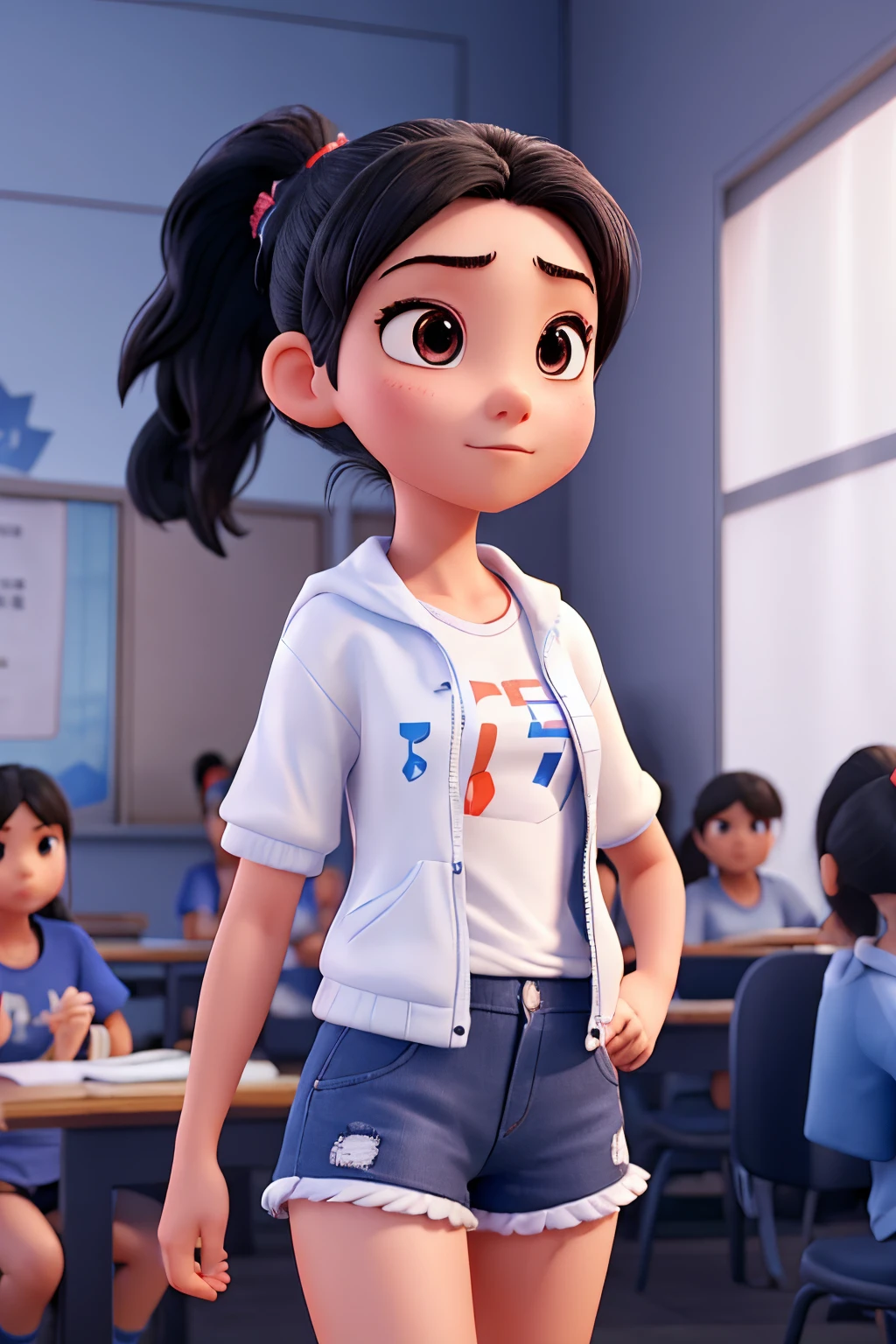 female student, Xiaoyu, 19years old, Black double ponytail hair, Wear blue shorts, White T-shirt and white jacket, Face to face audience,Disney Pixar style, 3D, Animated characters, high high quality