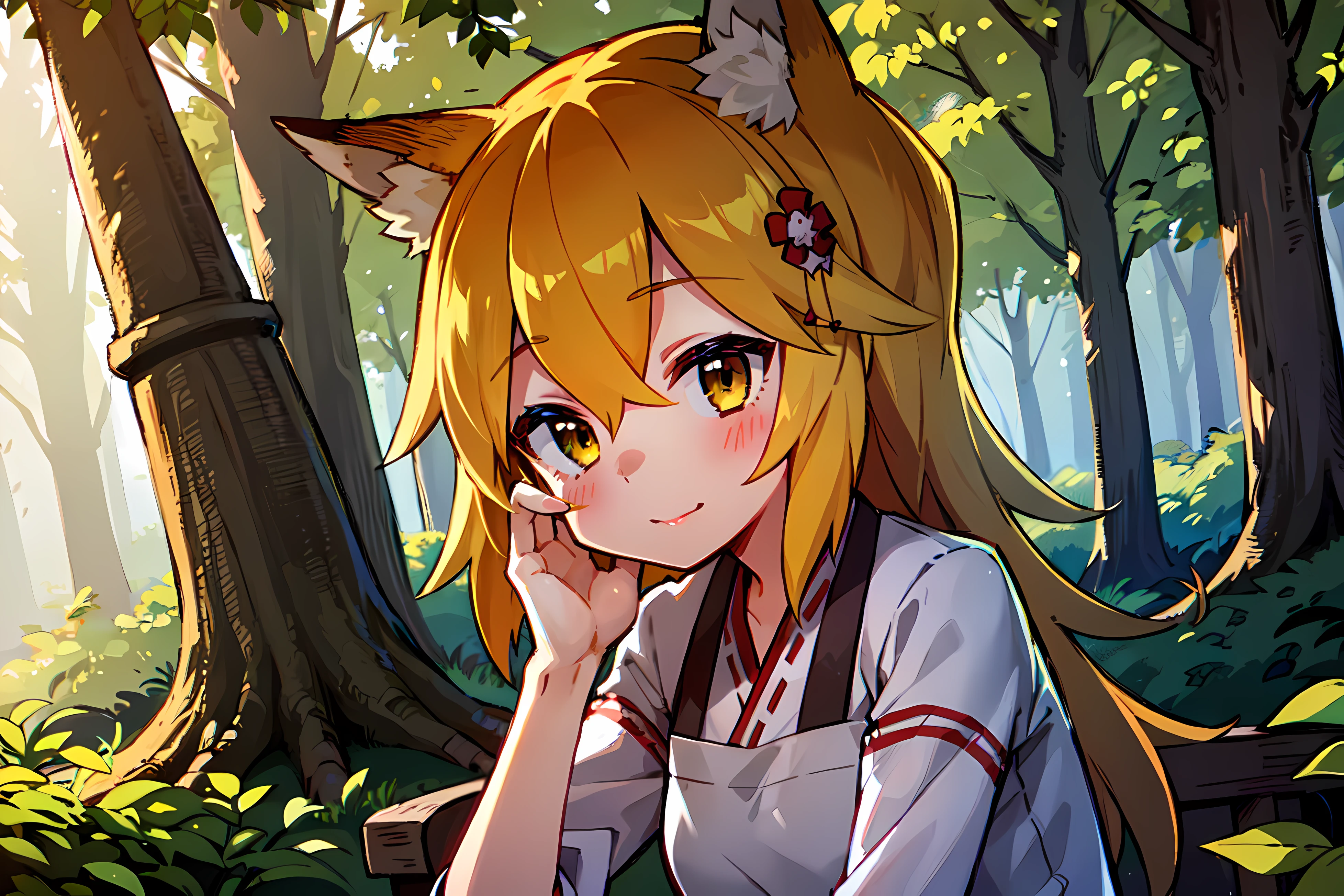 A girl, Fox ears, 4K Image, Beautiful forest, house in the forest