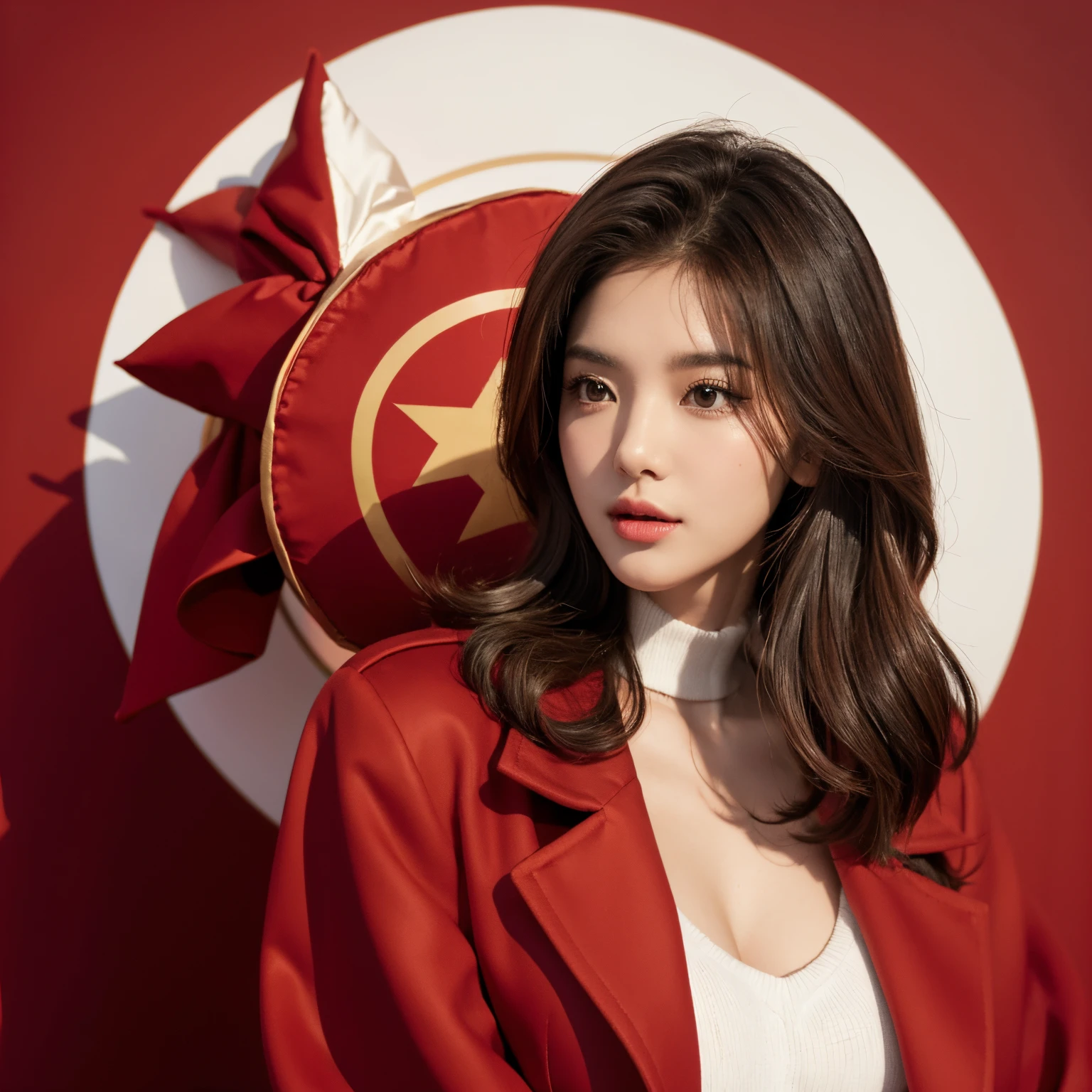 A high resolution,tmasterpiece,Best quality at best,The is very detailed,NSFW,1个Giant Breast Girl,Red coat,There is a red star on the coat,cabelos preto e longos,Campus background,red pupiloot