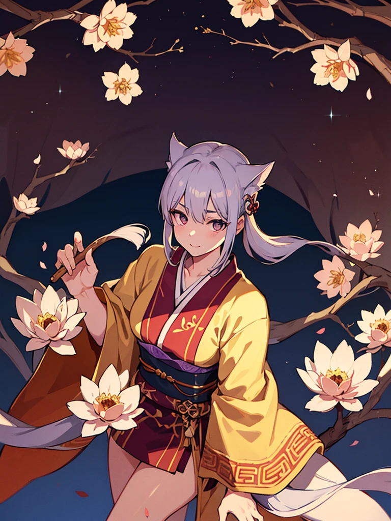 A youkai，Ancient Chinese clothing，Holding a lotus flower in his hand，French formation，Purple lightning