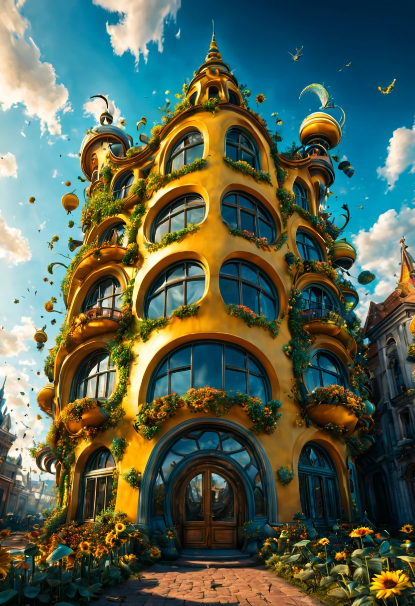 Sunflower theme building, surrealistic, whimsical, ultra-wide-angle, octane render, enhance, intricate, (best quality, masterpiece, Representative work, official art, Professional, unity 8k wallpaper:1.3)