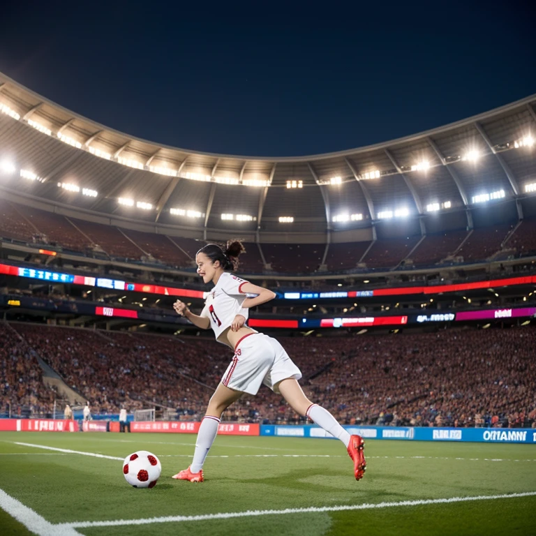 best qualityer，tmasterpiece，超高分辨率，（realisticlying：1.4），highly  detailed，Professional lighting smile，play soccer，In the stadium，Tight crop top and shorts。
信息