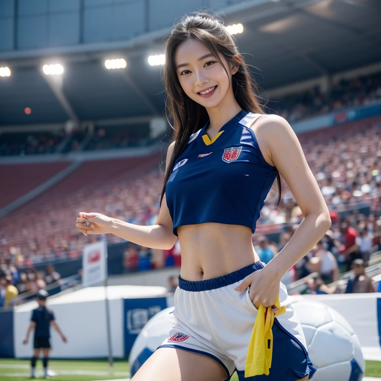 best qualityer,tmasterpiece,超高分辨率,(realisticlying:1.4),highly detailed,Professional lighting smile,play soccer,In the stadium,Tight crop top and shorts。
信息