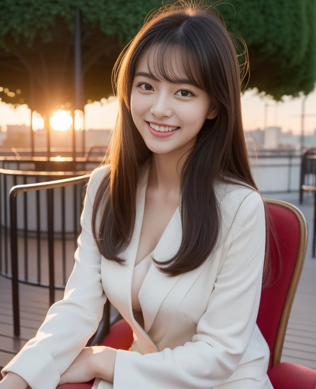 ((of the highest quality, 8K, masutepiece: 1.3)), Beautiful Girl, pure, Melon face, gentle and cute, Sweet smile, pure lust, Slender body, (Facing the camera), (tilts head), colorful casual suits , Medium Hair, Long flowing shoulders, Big round black eyes, Big clear eyes, Moist red lips, Dolce, (((Full body shot))), Sitting on a chair on the terrace, Amusement Park Background, Sunset ,
