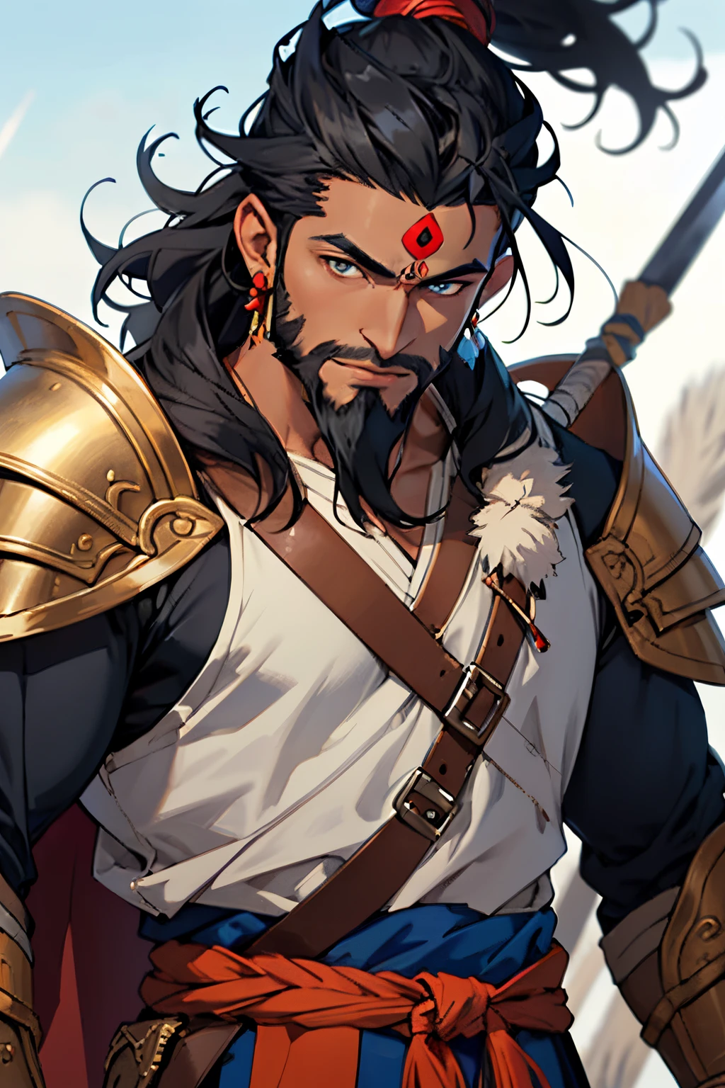 perfect face, anime style, best quality detailing, eyes open. 
Indian hindu warrior, man. Indian Man having Mahadev tilak on his forehead, wearing a armor and holding a spear in his right hand. Focus on his face . Face should be detailed and perfect with a indian style beard. Black hair