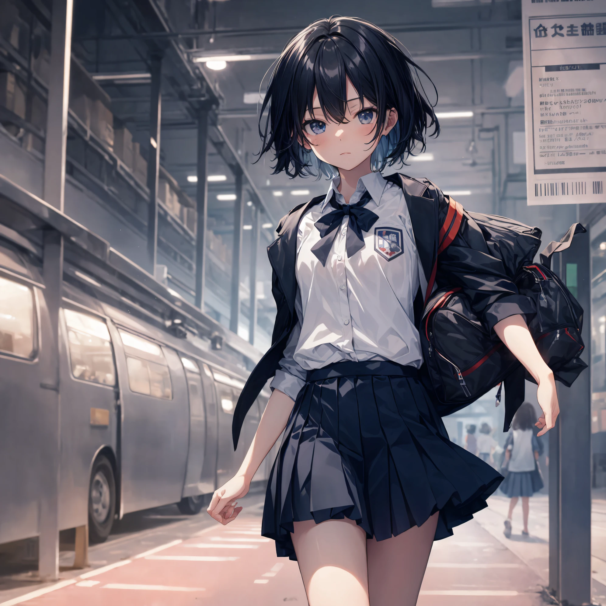 Super high quality by the art god, Ultra-detailed, High resolution, anime moe art style, Best Anime 8K Konachan Wallpapers, Pixiv Contest Winner, Perfect Anatomy, BREAK,(Draw a girl sleepily walking to school. ),BREAK, 1girl in, (Solo,Lori,child,13years:1.3),Full limbs, complete fingers,a junior high school student, Androgynous attraction, (Very short hair), Sleeping hair, hair messy, flat chest, Small butt, groin, Small eyes,Beautiful detailed black eyes, Well-proportioned iris and pupils, disgusted eye, High resolution detailed hair, School uniform, Skirt, On the way to school. BREAK,super detailed skin, Best lighting by famous artists, 8K, Illustration,