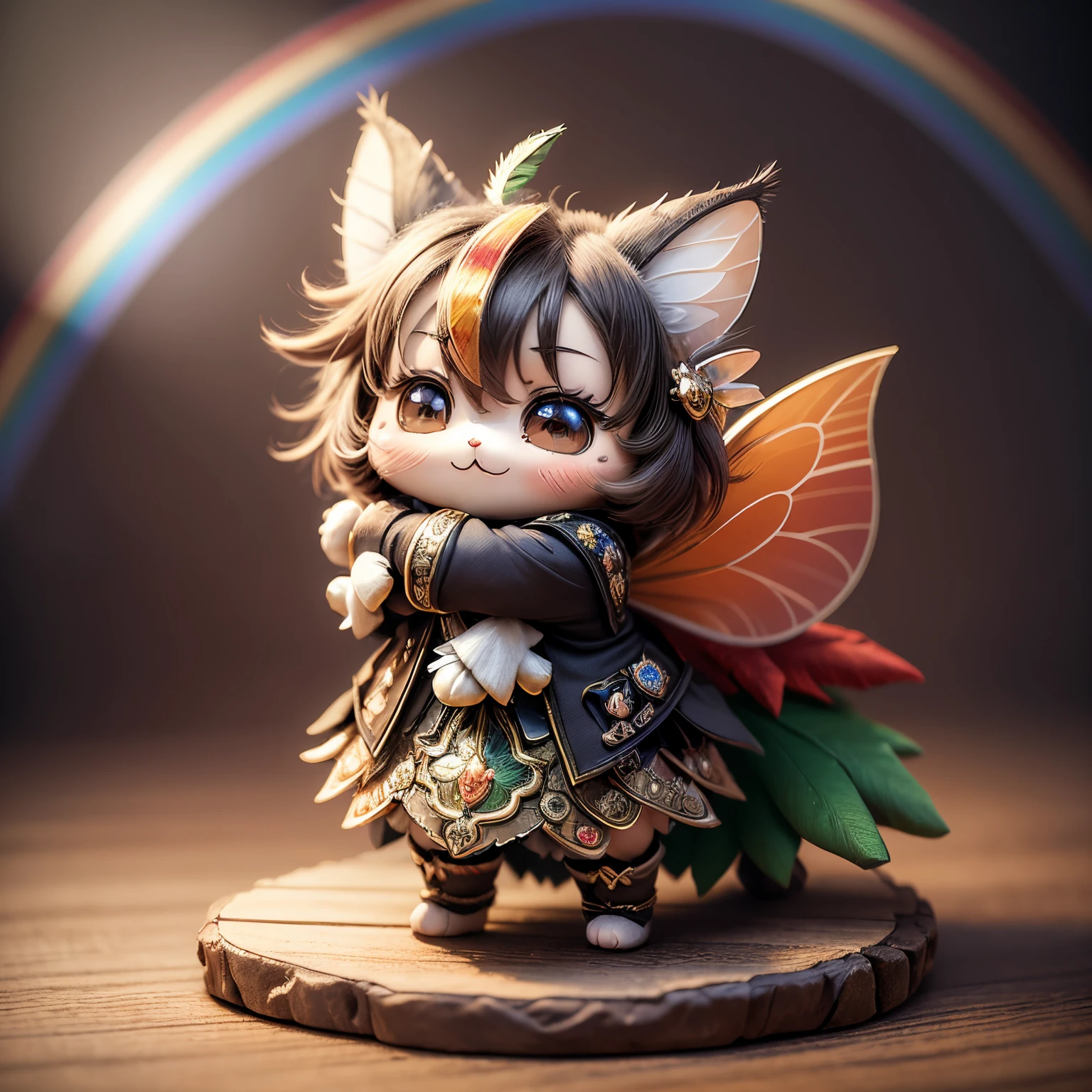 masterpiece、top-quality、ultra-detailliert、(Chibi Chara Fairy:1.27),(Feathers in 7 rainbow colors:1.2),(logo block christmas tree:1.1),hug a cat fairy,Fairytale Forest,a smile,Full-body standing figure