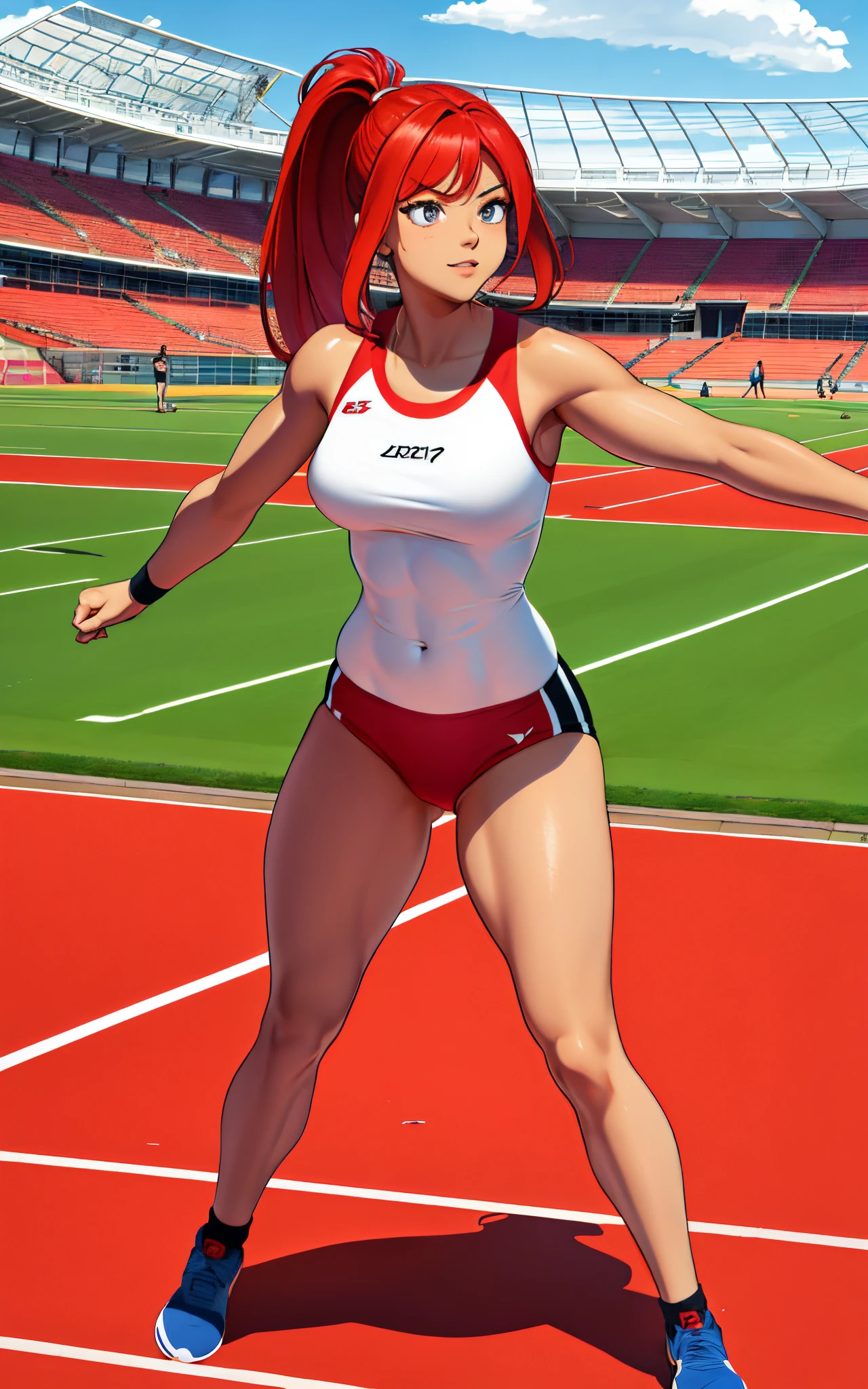(8K, Best quality, tmasterpiece:1.2),\(Eyes detailed\),\(facial feature\),(\(Clothes detail details\)\),(1 girl:1.3),Alone,Full body lesbian,Sports Girl,(suntanned skin:1.3),red hair clothing,red color eyes。,humongous large breast,strong muscle,Wear sports,The action stretches as the girl moves。On a sports track,Turf court,play,Olympic Stadium