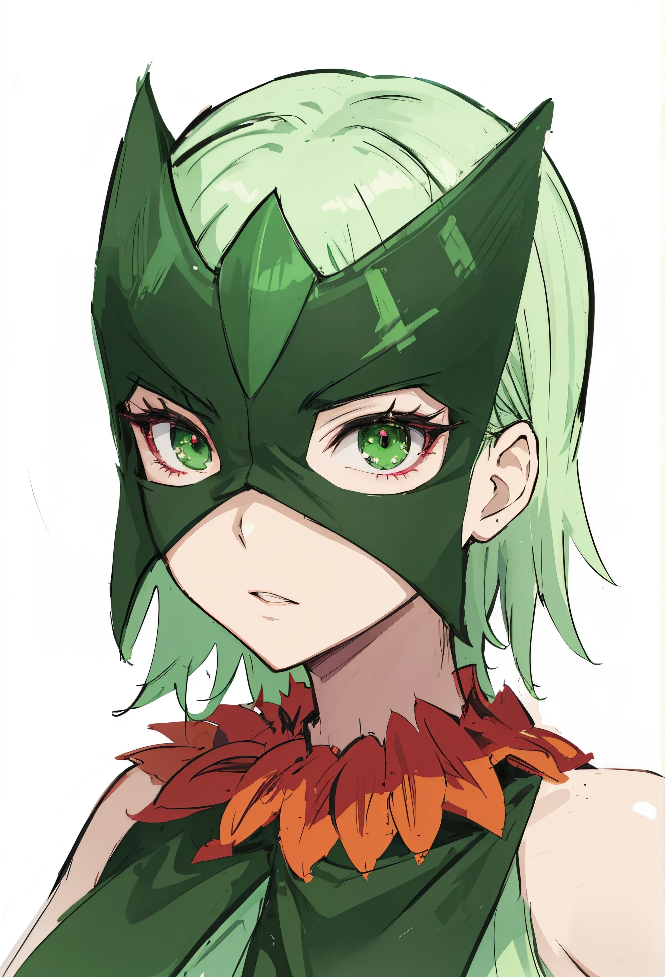 anime girl with green hair and green mask with red collar, elf girl, by Puru, rogue anime girl, marvelous expression, tatsumaki, elf girl wearing an flower suit, portrait of a female anime hero, green head, a blonde emerald warrior, high quality fanart, tatsumaki from one punch man, made with anime painter studio, zerochan art