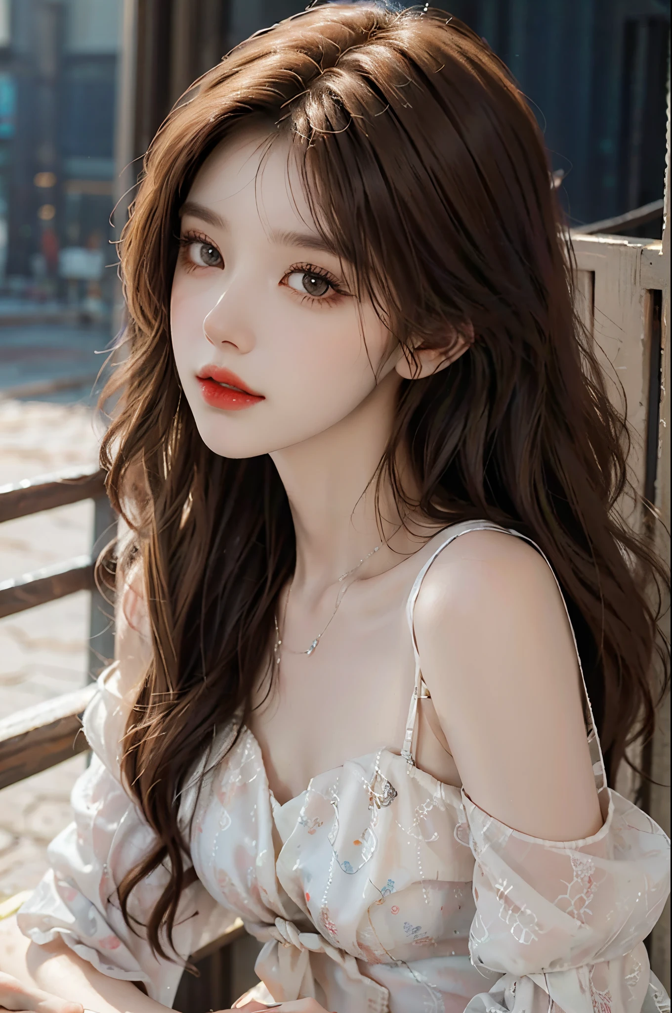 Sweet girl dress2,dress, 1girls, ((cowboy shot)), (realistic), fashi-girl, red lips, mature female, makeup, leaning forward, (Surrealistic + pure), exquisite beautiful eyes, HD quality, Dynamic tilt, High nose, Flare effect, realistic details, Official art, Masterpiece, Unity 8k wallpaper, beautiful masterpiece, Top quality, Radiant skin, cinematic lighting, sweet and cute, long brown hair, curly hair, warm tones, high color saturation