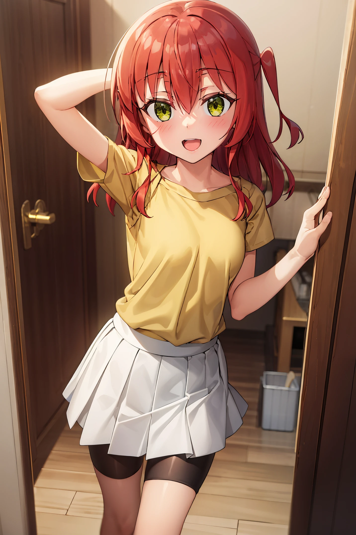Room, 1 girl, best quality, ultra high res, long hair, red hair, green eyes, yellow shirt, short sleeves, white skirt, pleated skirt, miniskirt, bike shorts, bike shorts under skirt, looking at viewers, small breast, standing, pov, slim body, body, small body, smile, room