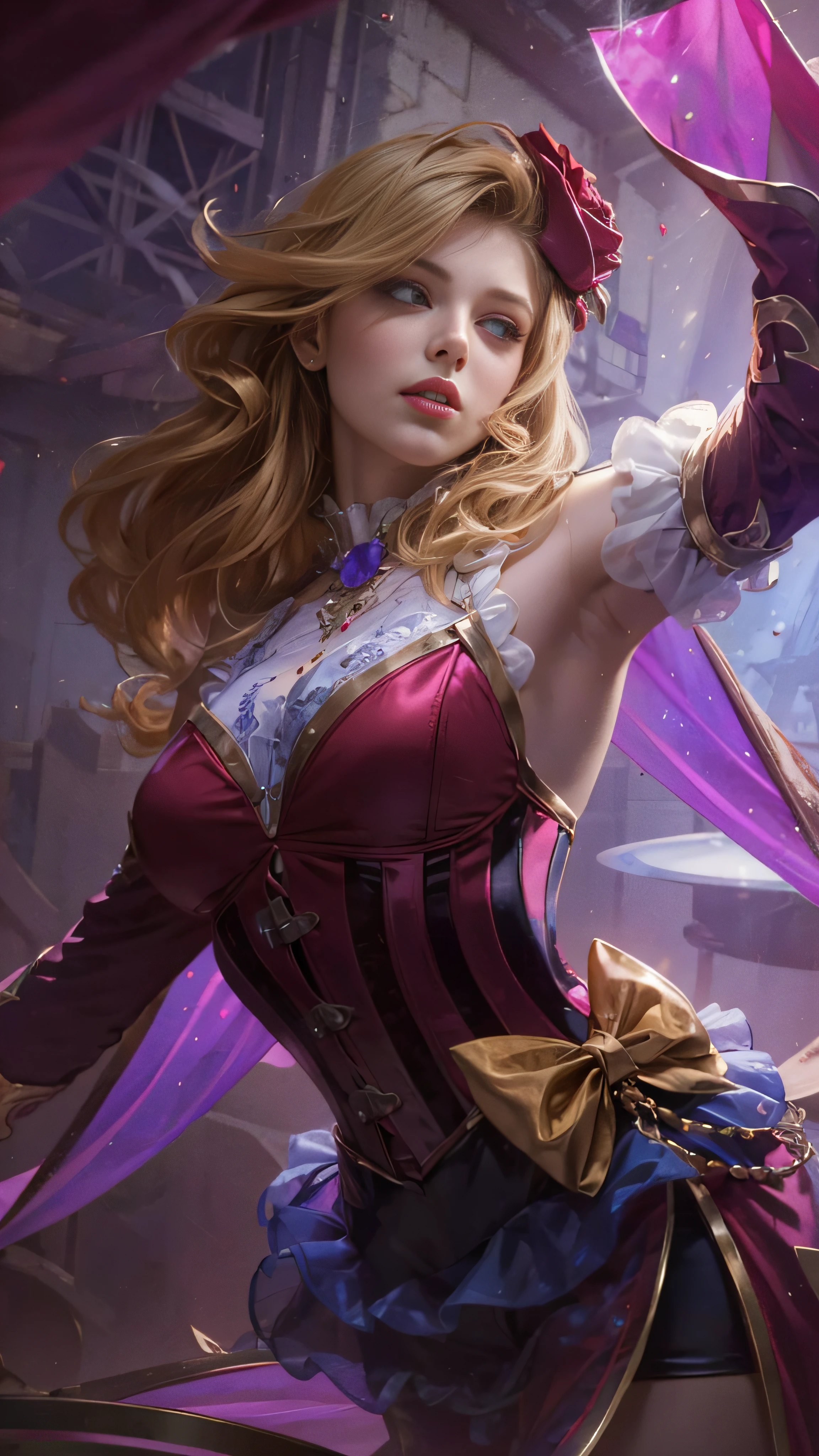 a 20 years old vampire woman, Indian woman, True Beauty, Hot model, Detailed eyes, sexy red lips, elegant hair, closed hands, Blonde hair, Magician girl hairpin with pink roses on top; realistic skin, extremely detailed hair, delicate sexy face, sexy gaze. side-swept hair, flowing down, over one eye, messy hair. Pink Elegant Top, Corset-like waist belt, sleeveless. Stage background, flying poker cards in the air. (Masterpiece, best quality, photorealistic, photography), ((realistic, realistic detail)).