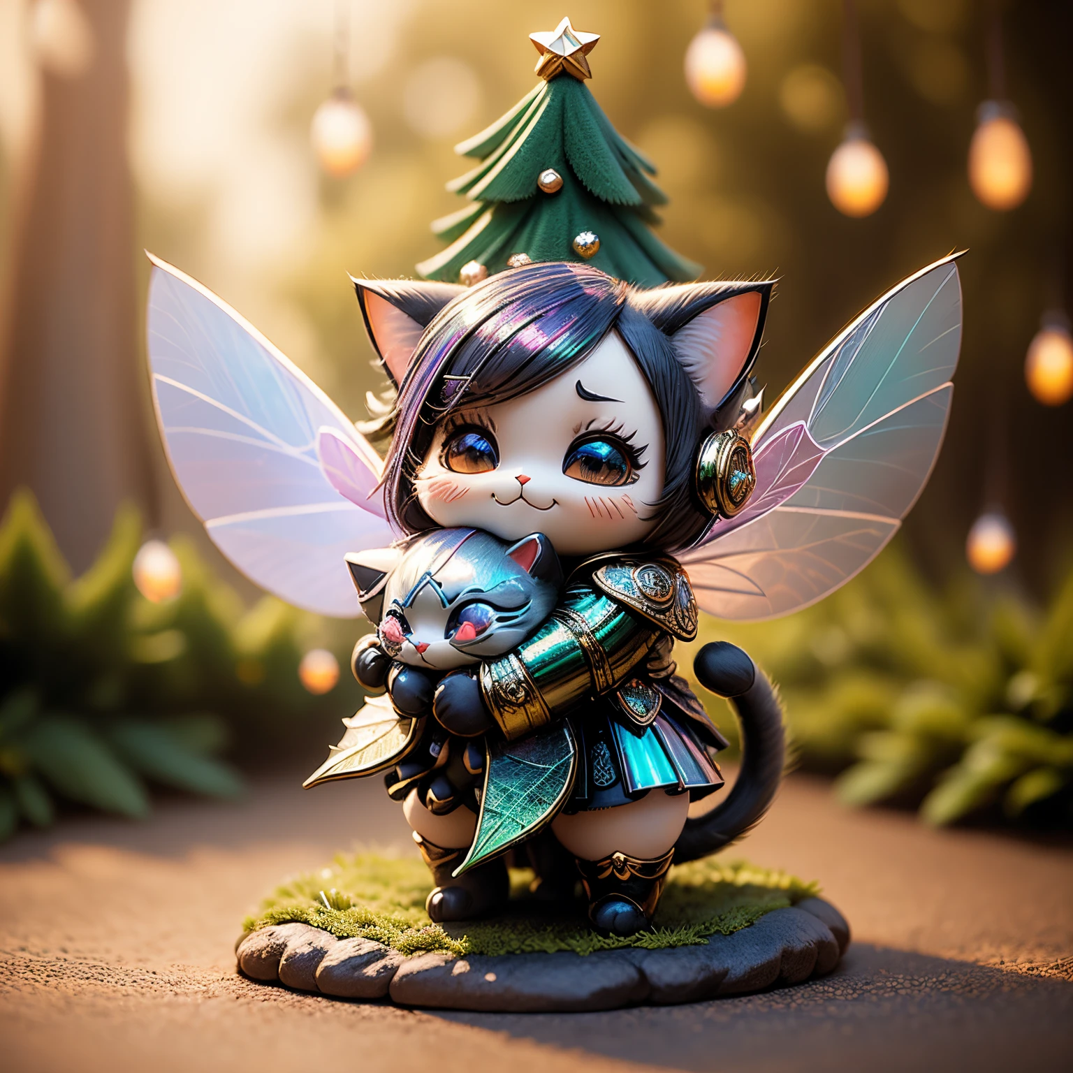 masterpiece、top-quality、ultra-detailliert、(Chibi Chara Fairy:1.27),(Iridescent feathers:1.2),(logo block christmas tree:1.1),(Hug the cat fairy:1.2),fairy tale forest,A smile,Full-body standing figure