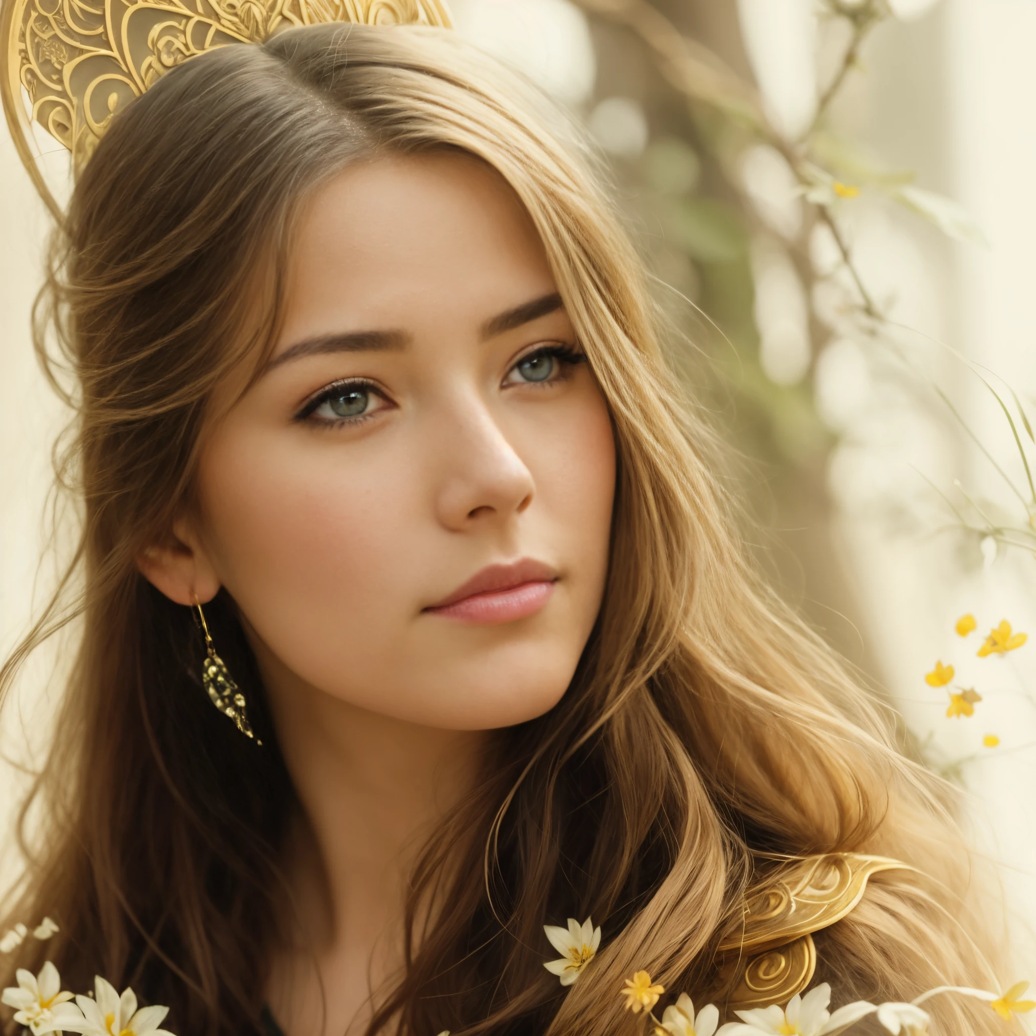 真实感, a painting, Fantastic tale, Christmas style, John Tolkien style, Small painting by Jean-Baptiste Monge, ,There is a blue-eyed woman with golden hair, thick eyebrows..., Who's sitting, With his hand on his chin, headshot profile picture, 3 0 years old woman, 30 years old woman, taken in the early 2020s, looking straight at camera, no makeup, halfbody headshot, selfie of a young woman, looking away from camera, looking straight at camera, Jean-Baptiste Monge, anthropomorphic --ar 2:3 --testp -optimistic; Straight hair