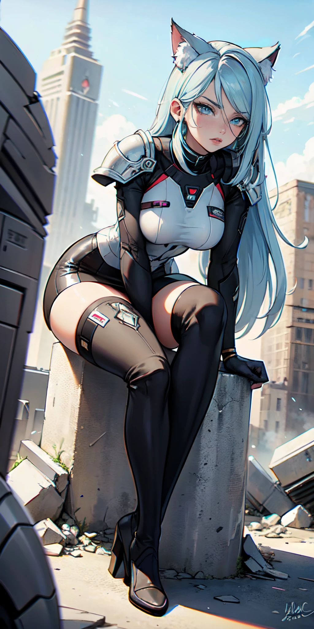 ((best quality)), ((masterpiece)), ((detailed eyes and face)), perfect face, female, gamer girl, aqua eyes, half-robot half-human, sex doll, large breasts, cherry-red lips, silver hair, long hair, robot prosthetic legs, thighs exposed, she has a white and red color theme, outside at night at an ally way, she is on four limbs on the ground, view from behind, ass focus