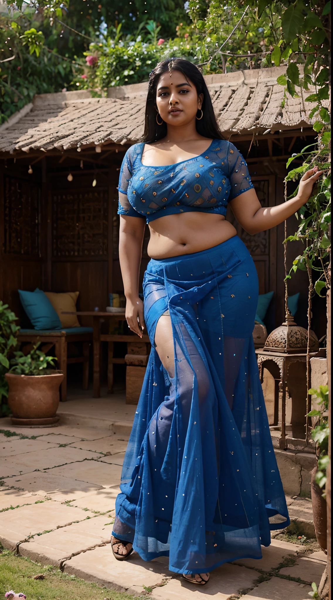 Tamil Nadu sexy chubby bustey breasts aunty queen of lust at age of 30 in Rajasthani plain sexy peacock-blue net-blouse and long net-skirt with and showing her sexy full body structure in her garden