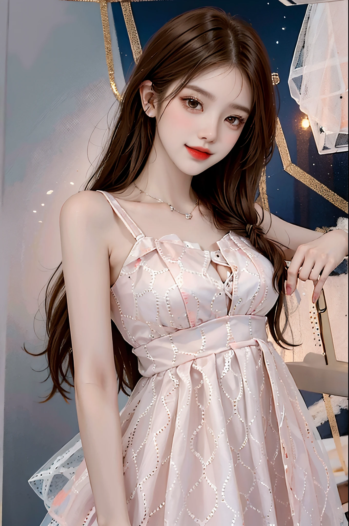Sweet girl dress2,dress, 1girls, red lips,mature female,makeup, ((cowboy shot)), a beautiful girl, a young female model, random pose, elegant pose, visually appealing, masterpiece, (best quality, 4k, 8k, highres, masterpiece:1.2), ultra-detailed, ultra-fine painting, exquisite face, slender figure, smiling, radiant smile, Random scene, random pose, random shooting Angle