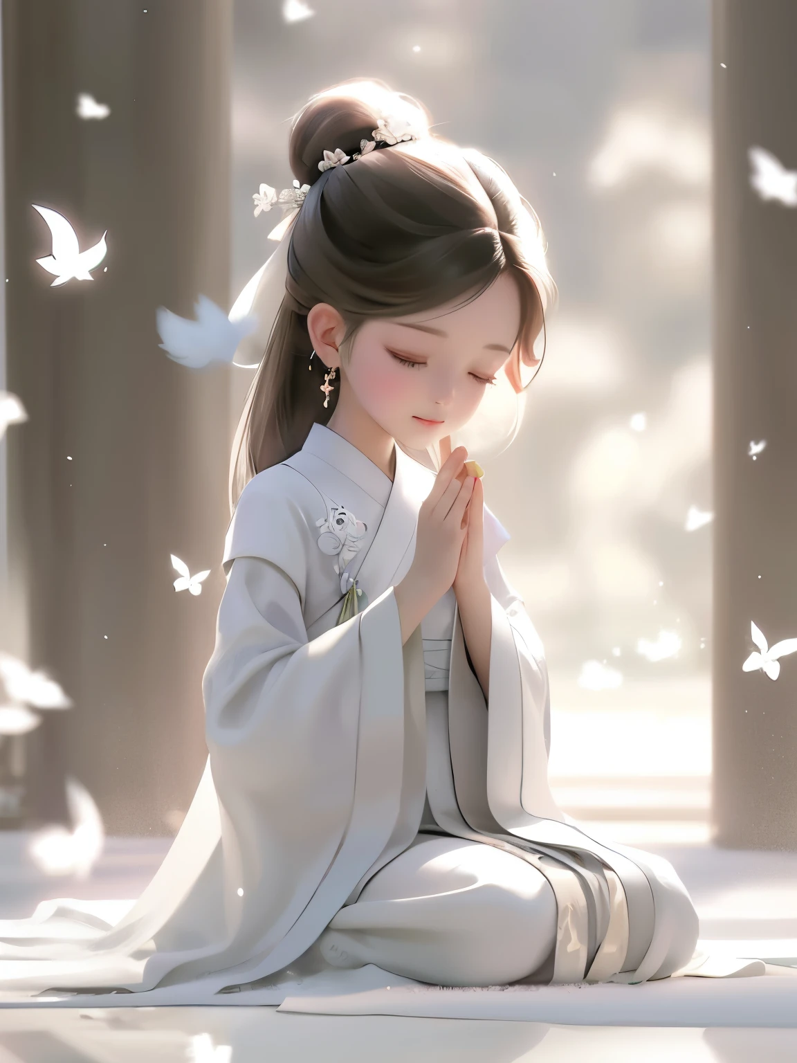 anime girl in white dress sitting on floor with white doves, palace , a girl in hanfu, guweiz, artwork in the style of guweiz, guweiz masterpiece, white hanfu, by Li Song, anime beautiful peace scene, beautiful digital artwork, trending on cgstation, chinese girl, cute detailed digital art, serene illustration