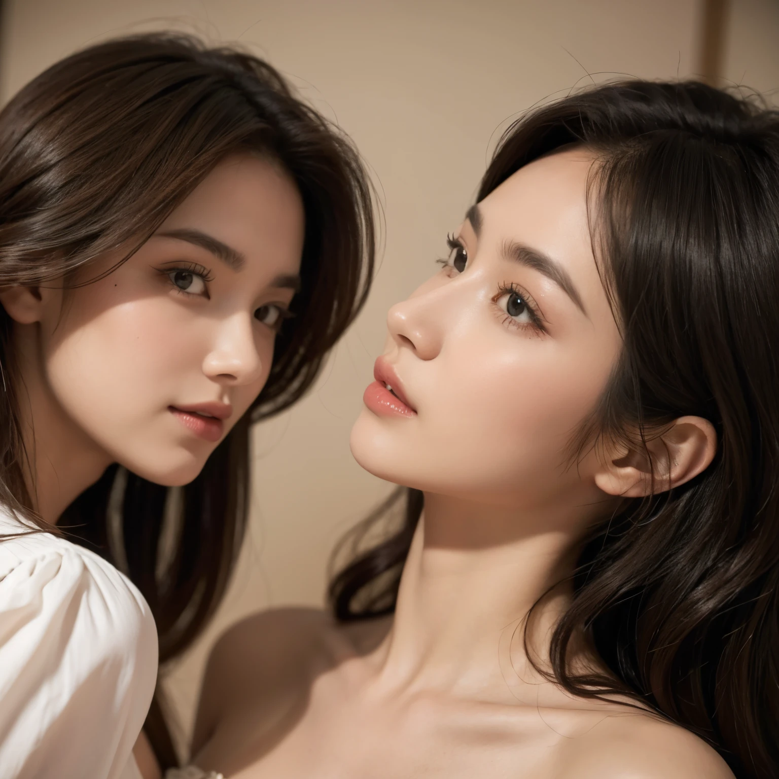 (Floral, Tight nightgown, Show beautiful thighs:1.5),
((I want to kiss you?, I want to cheat with you?:1.2)),
((Will you come near me and give me a kiss??, Can you have sex with me??, Can you touch my breasts??:1.2)),
((Please touch my boobs:1.3)),
((Sexy atmosphere, hold out your lips, Disheveled Hair, A sigh escapes)),
((Luxury Love Hotel, Two women looking at each other, Two women in bed together making love, Complete darkness, lamp, Underwear strings come undone, Start taking off your clothes:1.4)),
((24-years-old, Two sexy and beautiful female announcers:1.5)),
((Earrings that match your outfit, Silver Necklace:1.2)),
((Tilt your face slightly)),
((Squint your eyes)),
((purse your lips:1.2)),
((Blushing:1.2)),
((Small breasts,Flat Chest:1.2)),
Narrow shoulders, the lines of the body are thin, Thin waist, Long, slender legs,
Ultra-detailed skin, Glossy Skin, White skin, Ultra detailed face, Ultra detailed breasts,
Ultra-detailed eyes, Slit eyes, Brown eyes, double eyelid, Beautiful thin eyebrows, Thin, long eyelashes,
Ultra-detailed lips, Fuller lips, Glossy pink lips, Flushed Cheeks, White teeth,
Beautiful actress's languid make-up, Pink lipstick, Smoky eyeshadow, Eye foundation,
Dark Brown Hair, Delicate and soft hair, Hair blowing in the wind,
(Elegantly putting your hair up, short hair, ponytail:1.2),