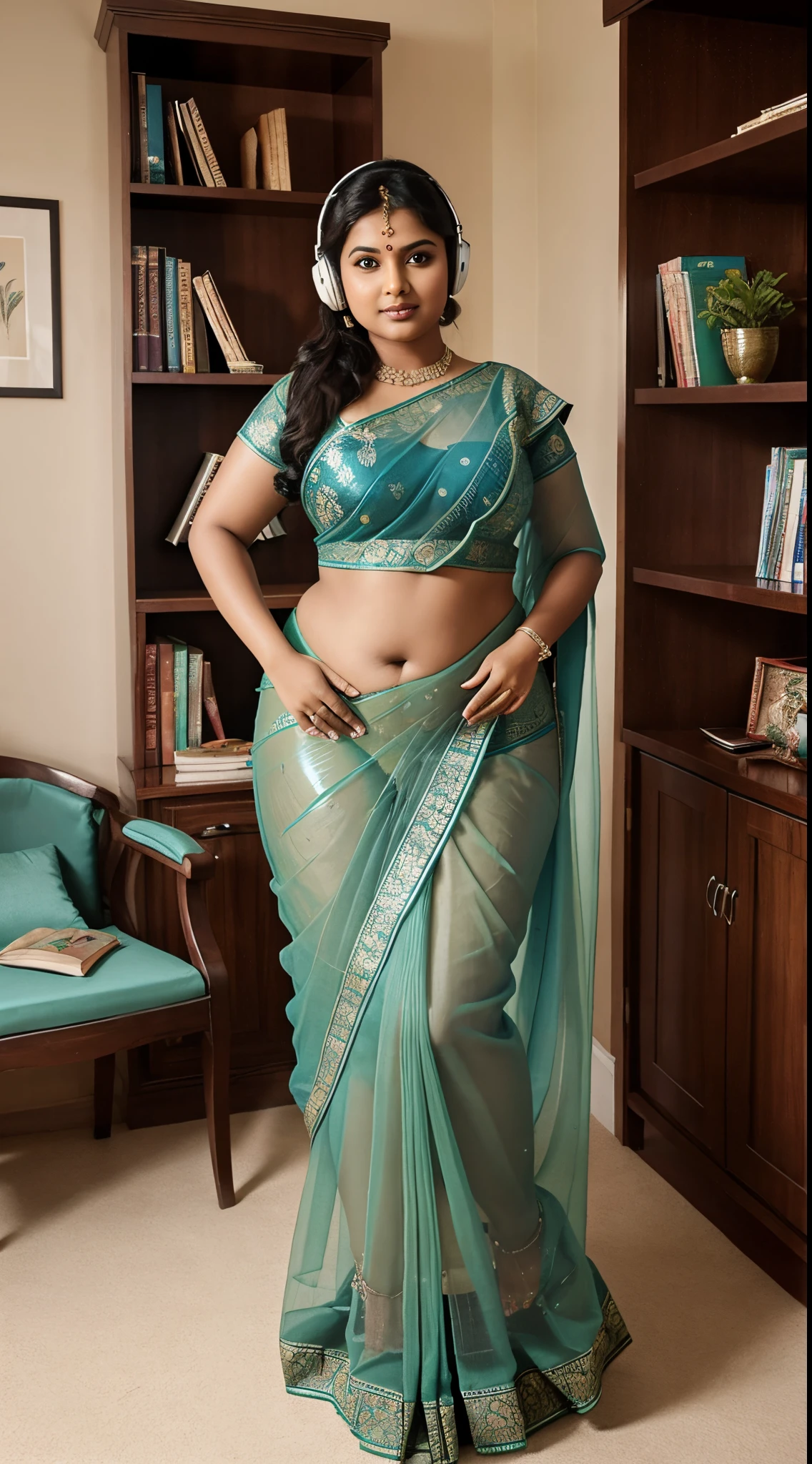 Tamil Nadu sexy chubby face and fit body aunty at age of 20 in Punjabi transparent sexy peacock-green half-saree and long transparent sexy peacock-blue skirt with headphone and showing her sexy full body structure her room while studying books