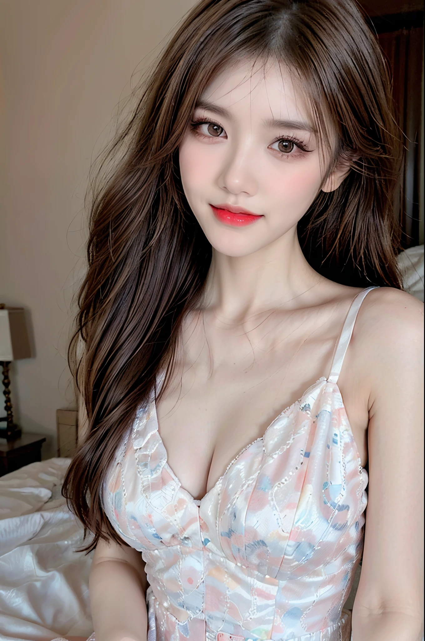 Sweet girl dress2,dress, 1girls, red lips, mature female, makeup, Big eyes. Pretty eyes, ((Random shooting angles)), (best quality, masterpiece:1.2), ultra-detailed, (realistic:1.37), beautiful, youthful, glamorous model with (detailed eyes, detailed lips, extremely detailed eyes), with white and floral colors, showcasing a radiant smile, slender figure, long legs, creating a breathtaking depiction of a girl, Warm tones, extremely high color saturation, official art, extremely detailed CG unified 8k wallpaper,(High dynamic range :1.4), (cinematic),(soft colors, dull colors, soothing tones :1.3), (natural skin texture, ultra-realistic, soft light, sharp),(very detailed), Pose for a picture lying in bed, elegant pose, attractive pose