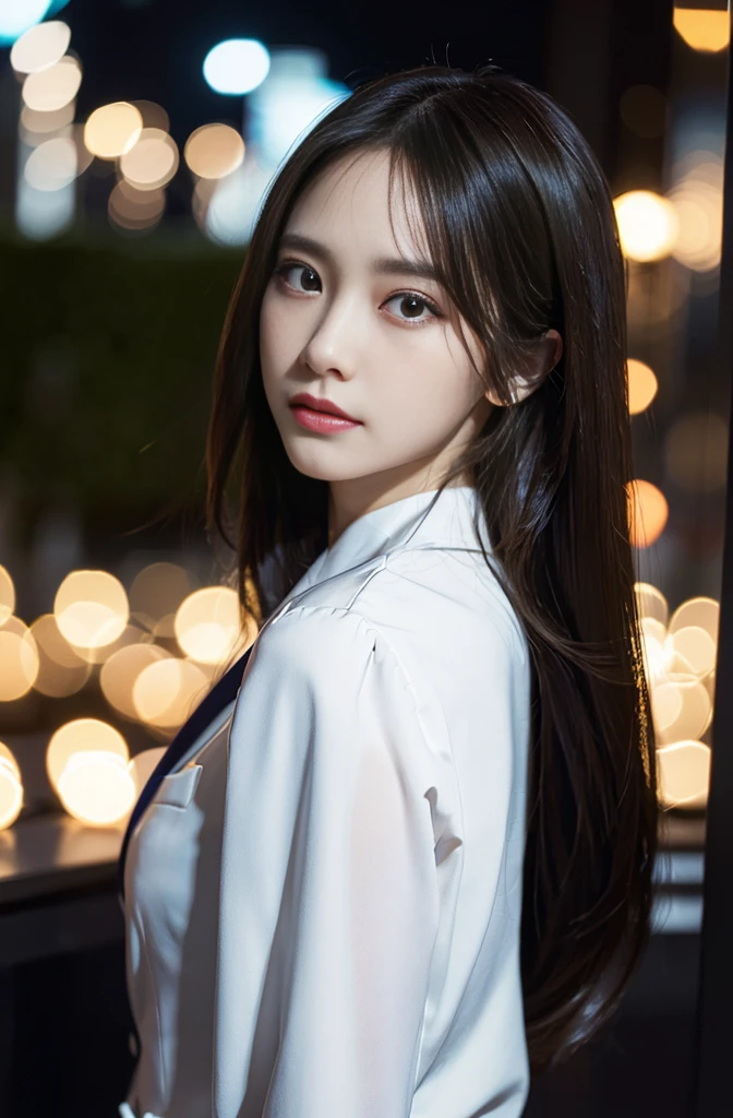 (Photoreal Stick:1.4, masutepiece:1.5, 8K), (top-quality, ​masterpiece, 超A high resolution), Perfect dynamic composition, Professional camera work:1.3, Grow Light Effect, Realistic portrait:1.3, Cinematic Light, Highly detailed skin and facial texture:1.3, The ultra-detailliert, Detailed hand, A detailed eye, Extremely beautiful face:1.2, Wearing a business suit and white shirt, Twilight, night view at night, Totally captivates you, Medium chest, Backshots