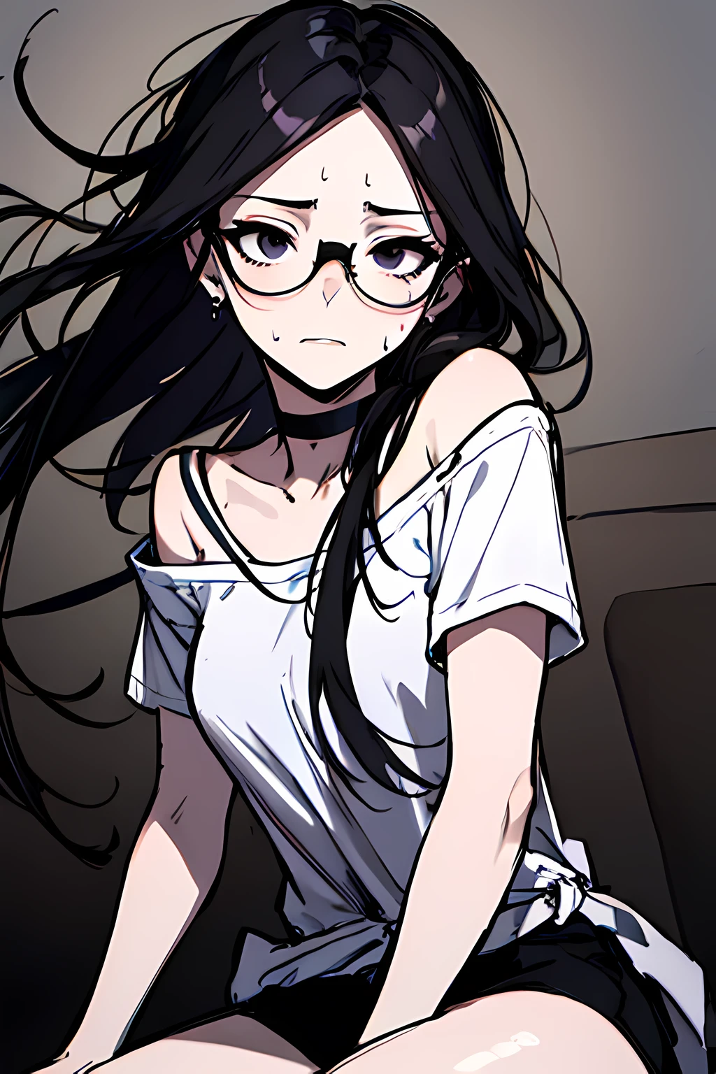(masterpiece), best quality, expressive eyes, highres, anatomically correct, 1girl, perfect face, perfect hands, female, pale, glasses, messy hair, black hair, very long hair, black eyes, glasses, weak, tired, small breasts, t-shirt, long shirt, purple shirt, tied shirt, flowing shirt, moving shirt, wind, windy, gothic, emo, goth, exposed left shoulder, black nails, piercings, hair covering forehead, , fatigue, eyebags, sore, blank eyes, expressionless, weak, crazy face, crazy eyes, swept bangs, choker, thighs, freaked out, shocked, nervous, stressed, sweating, sketch pad, sitting, black hair, black eyes,