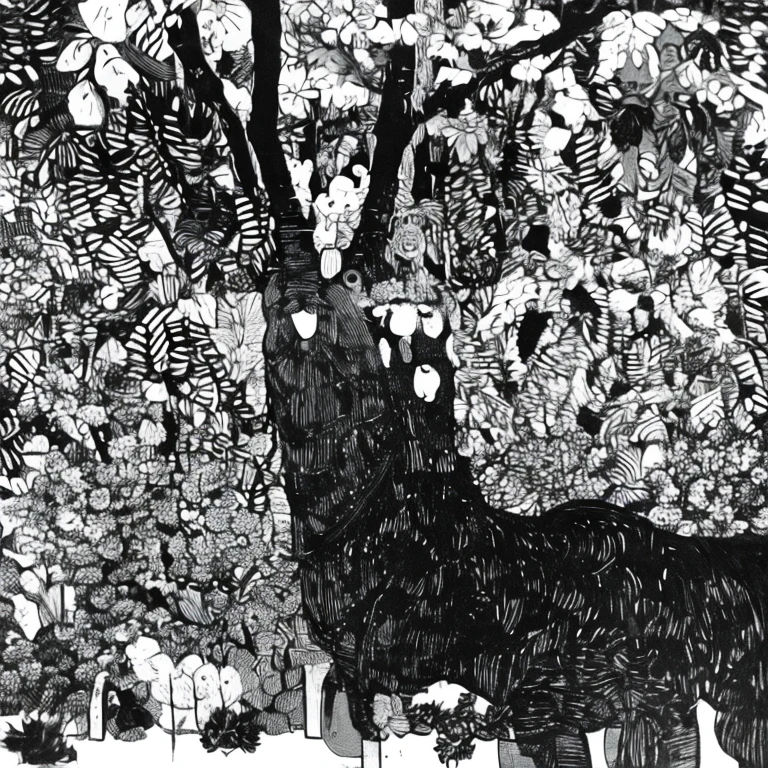 Black and white,Big birdcage hanging on the tree,love heart,vine,petals,rosette,Abstract,wilt,sparse
