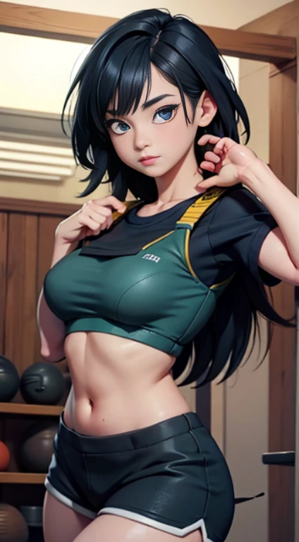 Anime realistic, , photorealistic gine, dtagonball gine, best quality, high resolution, 1 girl, Black and blue hair, korean, heterochromia eyes, small mole below eye, loose navy green shirt, gray gym shorts, Solid round chest, tight bra, large breast, large thighs, Expose the lower breast