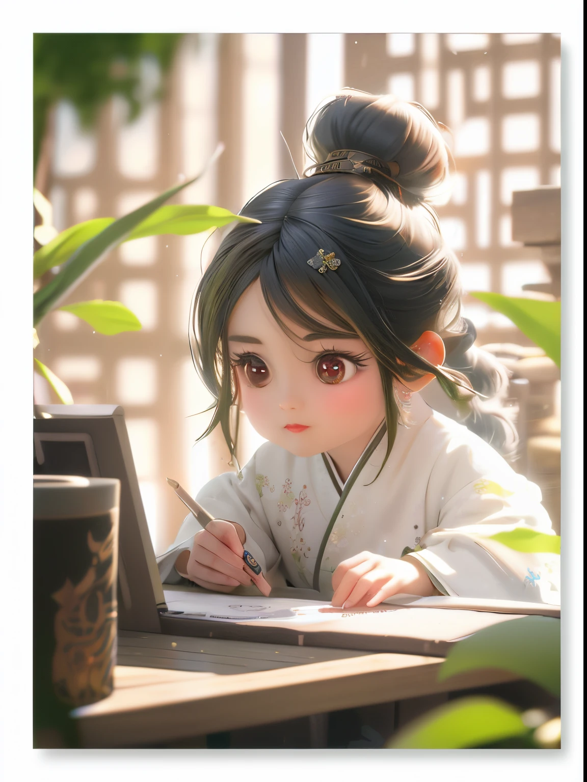 anime girl in kimono outfit writing on a laptop, adorable digital painting, realistic cute girl painting, cute digital art, cute detailed digital art, cute art style, artwork in the style of guweiz, beautiful character painting, guweiz, cute anime girl, kawaii realistic portrait, palace ， a girl in hanfu, young anime girl, by Yu Zhiding