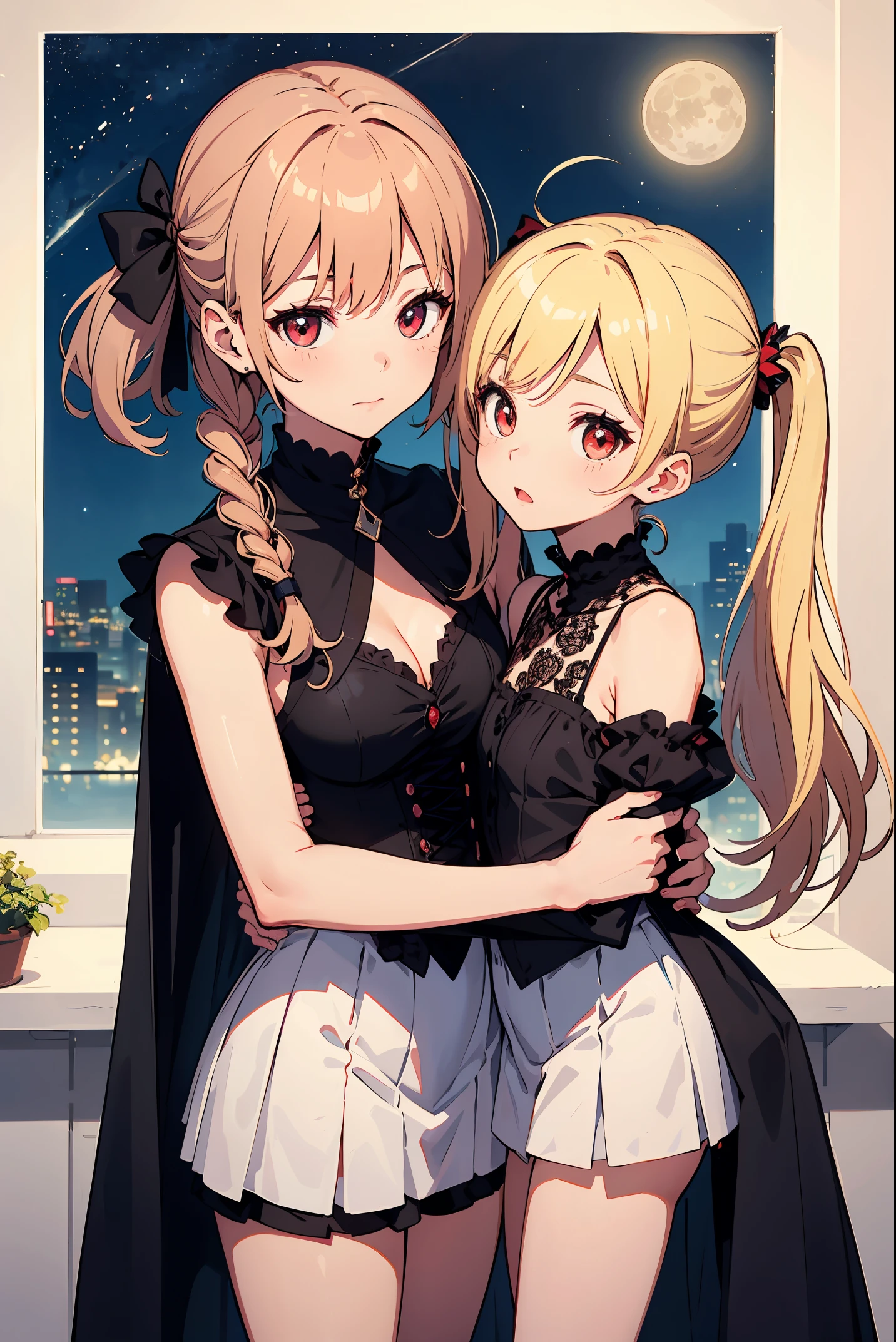 masterwork、high-level image quality、Ultra-fine、hightquality、animesque、Illustration contest grand prize work、Official Art、
Two Girls、young vampire sisters、(Older sister sucks blood from younger sister's neck:1.4)、(Older sister biting her younger sister's neck:1. 5)、Vampires、Blood sucking、vampire sister、Giant monsters、girl with、Twin-tailed、The long-haired、Ahoge、a blond、red eyes、younger sister、Chibi Chara、Fantasia、The Monster、a moon、natta、fullmoon、starrysky、nighttime scene、nigh sky、(Sister hugs younger sister from behind:1.5)、(The older sister puts her face on the younger sister's neck from behind and bites her.:1.5)、sister closes her mouth、My sister has a sensual look