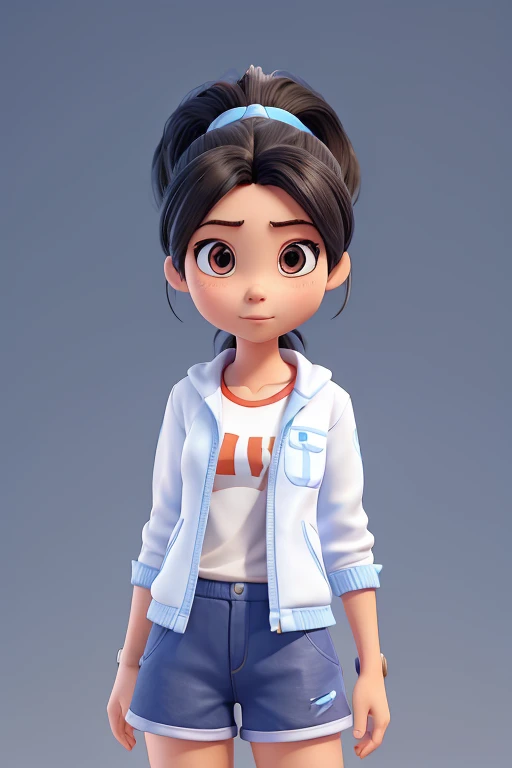 female student, Xiaoyu, 19years old, Black double ponytail hair, Wear blue shorts, whitet-shirt+White jacket,,Disney Pixar style, 3D, Animated characters, High quality three views