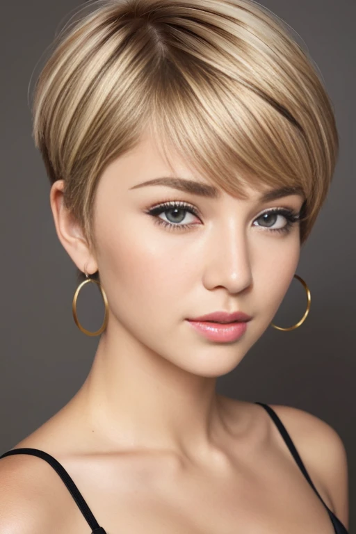 (best quality, masterpiece), 1girl, beautiful girl, brown_eyes, ((hair color [Honey blonde hair], [pixie cut with bangs] hair)), earrings, lips, red dress,realistic, huge ass, huge breasts, saggy breasts, (cute big round ass, narrow waist), charming, colorful makeup, long eyelashes, earrings, fair skin, (cute), (detailed face), detailed eyes, detailed iris,