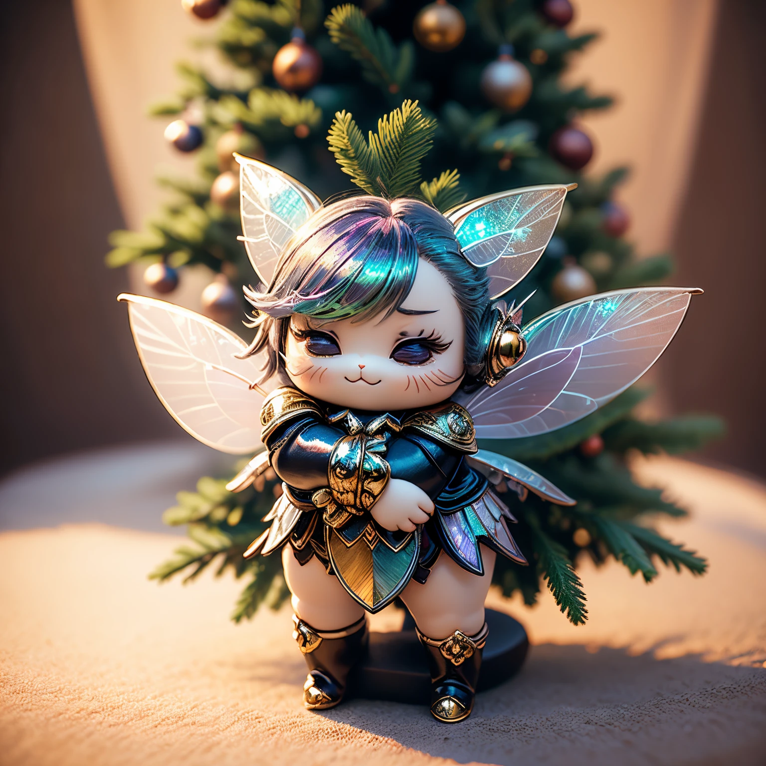 masterpiece、top-quality、ultra-detailliert、(Chibi Chara Fairy:1.27),(Iridescent feathers:1.2),(logo block christmas tree:1.1),(Hug the little cat fairy:1.2),fairy tale forest,A smile,Full-body standing figure