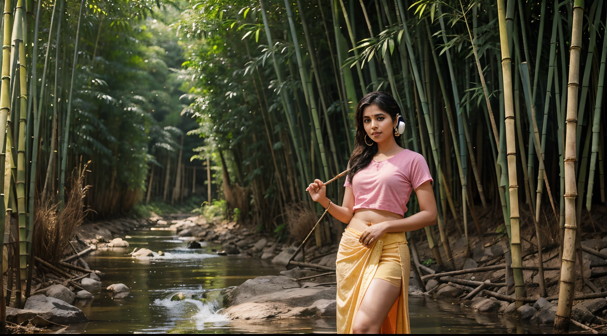 cute 25 years old Tamil Nadu aunty in colorful plain T-shirt and long net skirt and headphone with playing bamboo flute in the bamboo forest river