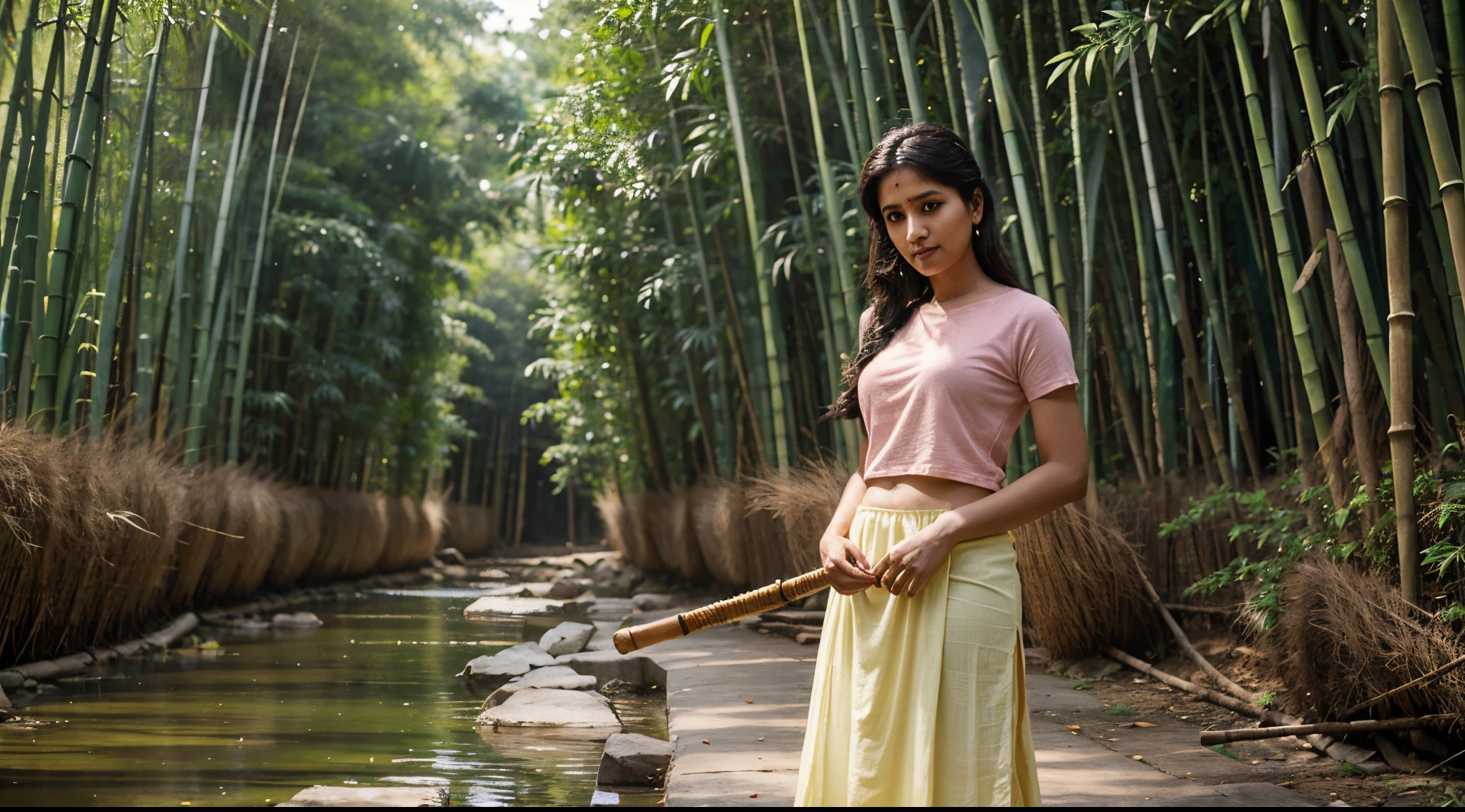 cute 25 years old Tamil Nadu aunty in colorful plain T-shirt and long net skirt and headphone with playing bamboo flute in the bamboo forest river