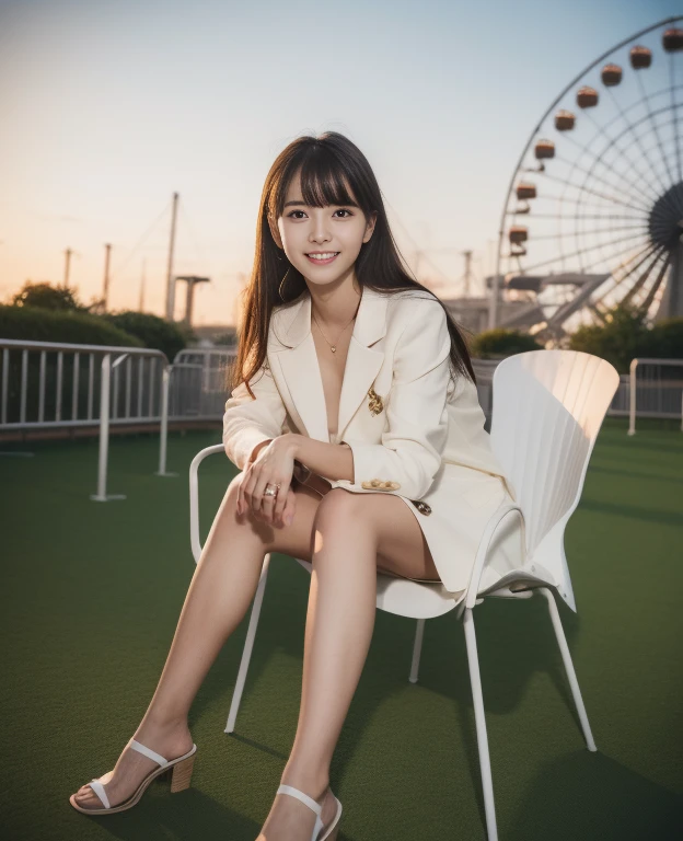 ((of the highest quality, 8K, masutepiece: 1.3)), Beautiful Girl, pure, Melon face, gentle and cute, Sweet smile, pure lust, Slender body, (Facing the camera), (tilts head), colorful casual suits , Medium Hair, Long flowing shoulders, Big round black eyes, Big clear eyes, Moist red lips, Dolce,detailed legs,de pele branca, (((Full body shot))), Sitting on a chair on the terrace, Amusement Park Background, Sunset ,
