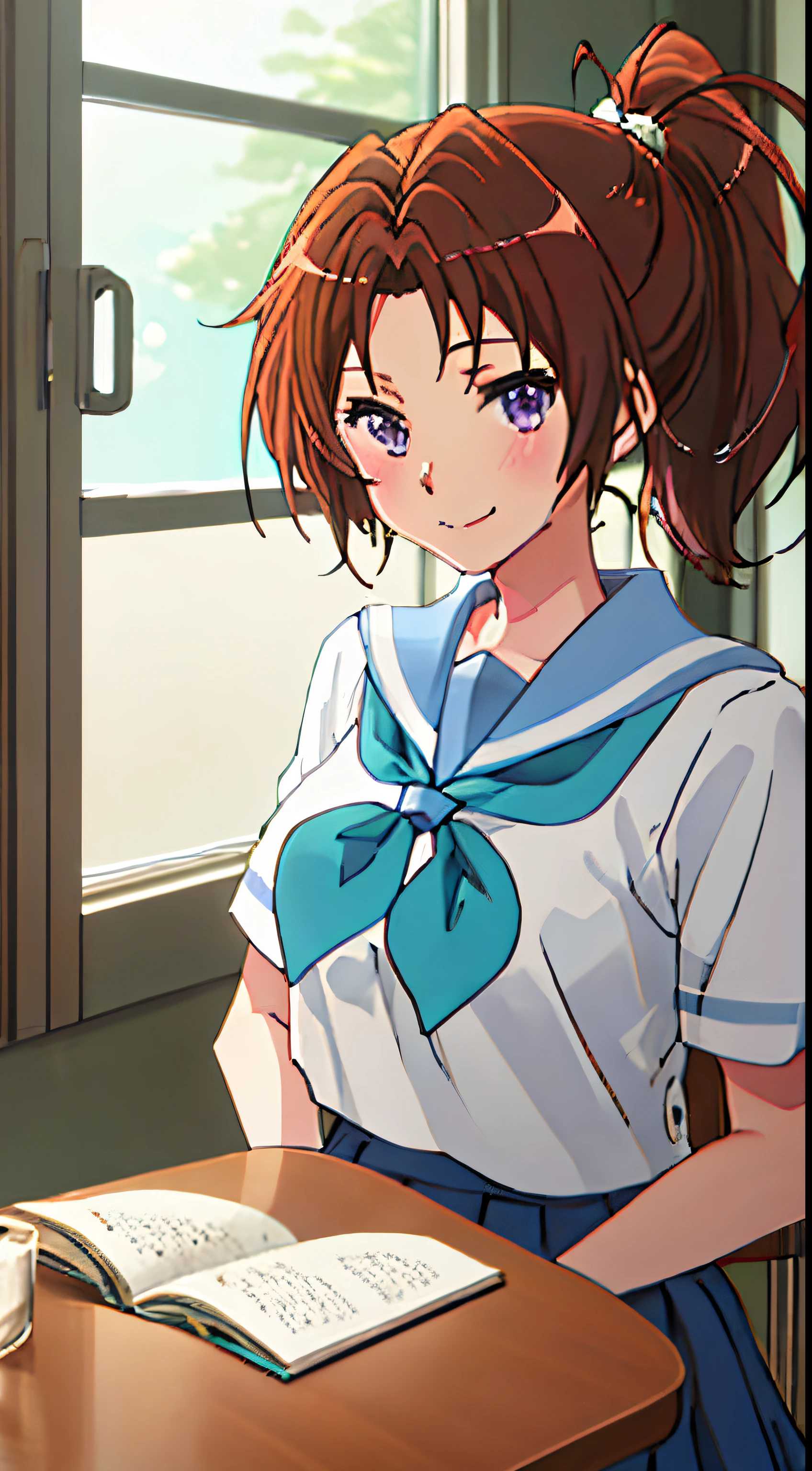 Best Quality, masutepiece, hight resolution, Solo, {Nakagawa_natsuki_Sound Euphonium:1.15}, brown_hair, Ponytail, long_hair, Purple_Eyes, blush, serafuku, Closed_Mouth, Indoors, Bangs, 1girl in, Blue_neckerchief, Blue_sailor_Collar, Hokuyuji Temple_high_School_uniform, neckerchief, sailor_Collar, School_uniform, Shirt, white_Shirt, crass room, up looking_で_viewer, Chair, A smile