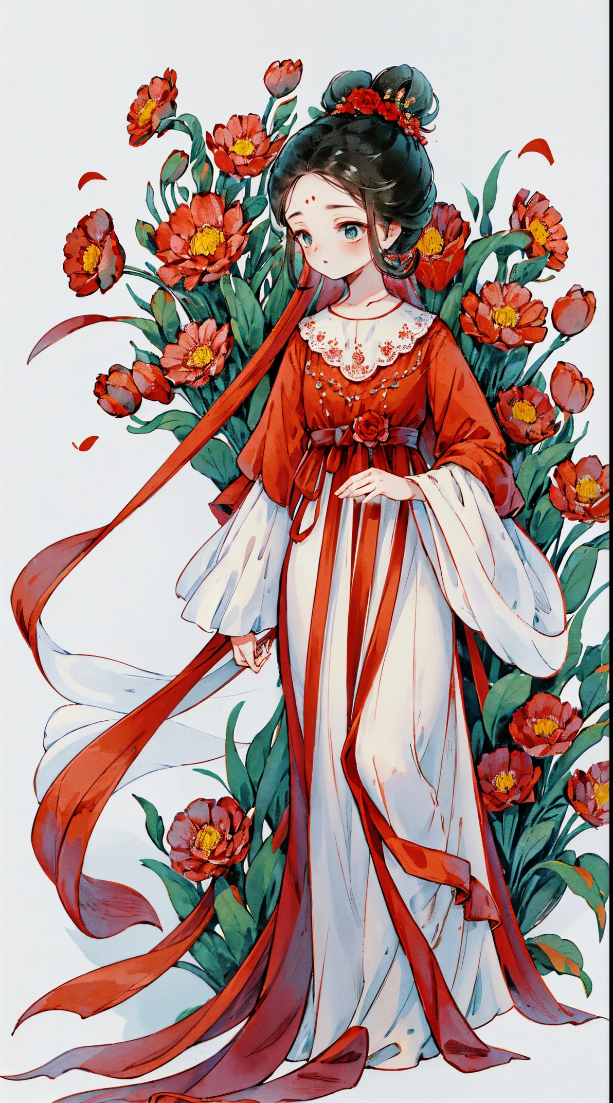 1 Sister, Alone, looking at viewert, face flushed, Background with, black hair color hair, hair adornments, longer sleeves, white backgrounid, Eternal, Full body lesbian, the bride, Red dress, red hijab red cloth, flowers blooming, hairflower, hair-bun, butterflys, tmasterpiece, recent quality, The finest details, Clear facial features, beautidful eyes