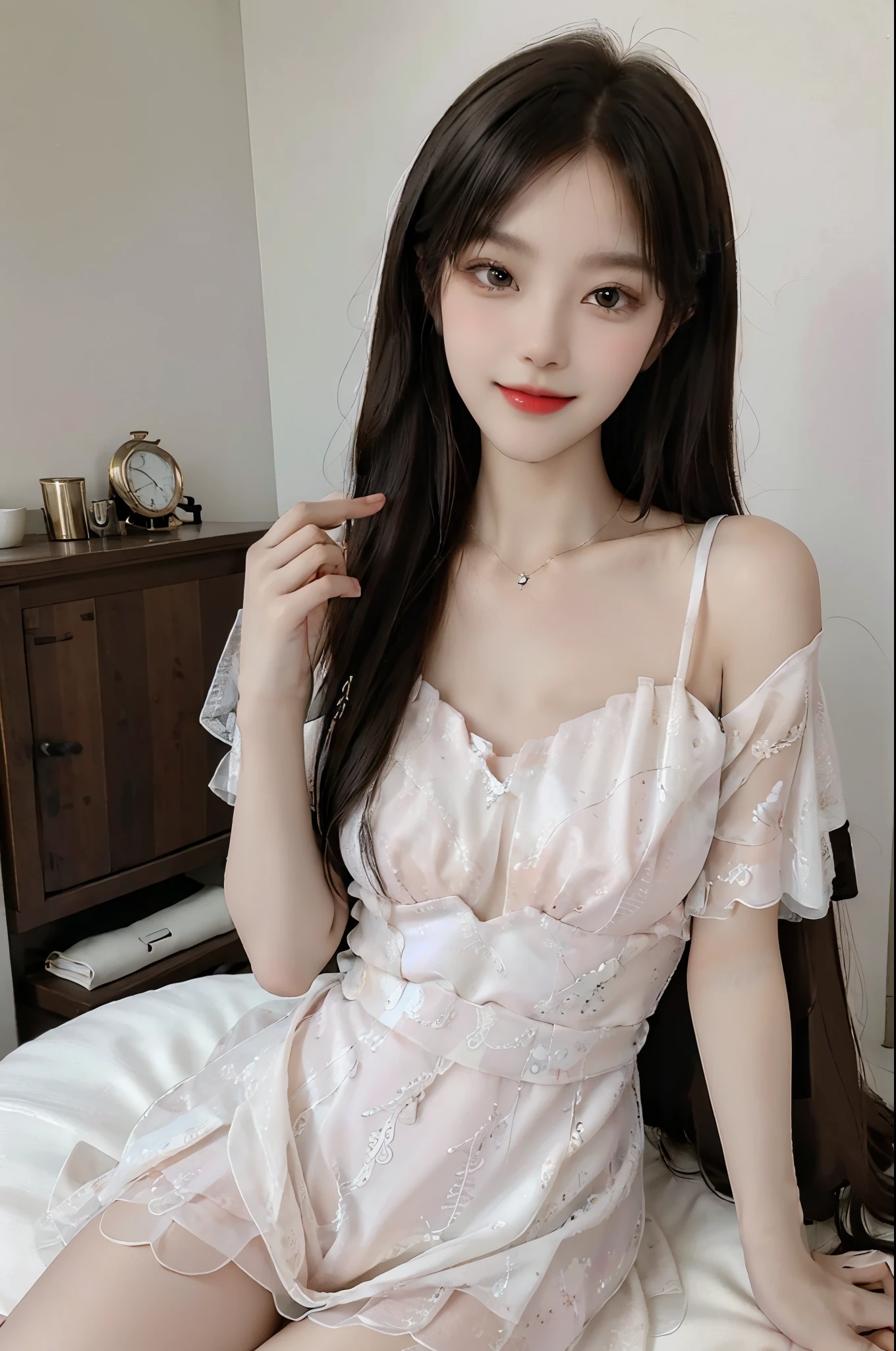 Sweet girl dress2,dress, yjnn, red lips,mature female,makeup, ((cowboy shot)), a beautiful girl, a young female model, random pose, elegant pose, visually appealing, masterpiece, (best quality, 4k, 8k, highres, masterpiece:1.2), ultra-detailed, ultra-fine painting, exquisite face, slender figure, smiling, radiant smile, Random scene, random pose, random shooting Angle
