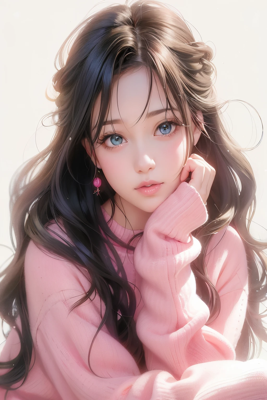 a close up of a girl with long hair wearing a pink sweater, beautiful anime portrait, kawaii realistic portrait, anime girl with long hair, artwork in the style of guweiz, cute anime girl portrait, cute anime girl, beautiful anime girl, guweiz, portrait anime girl, soft anime illustration, cute portrait, cute anime girl portraits, digital anime illustration