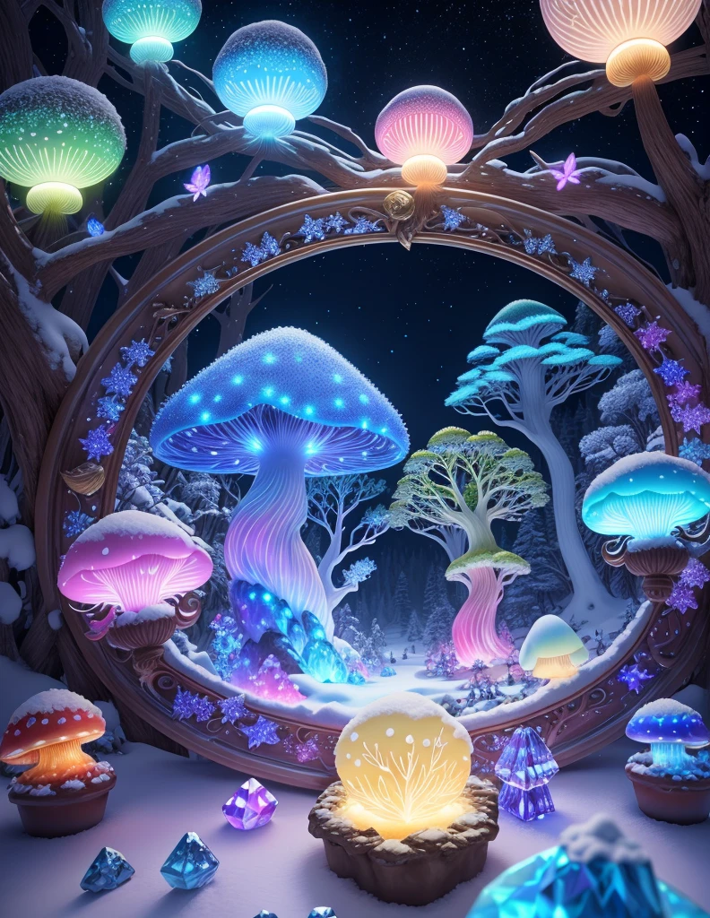 a fairy world,Snow forest and create mushroom galaxy sky,Lights create glowing butterflies,large moon,Blue River,SakuraNore followers,4K, wonderful art beautiful minerals, Rainbow crystals, ultra - detailed, Light up colorful diamonds,jewely,crystal,shine,metallic luster,Glaze color,incredible lighting, ultra - detailed, 8K, Unreal Engine5, a 3D render