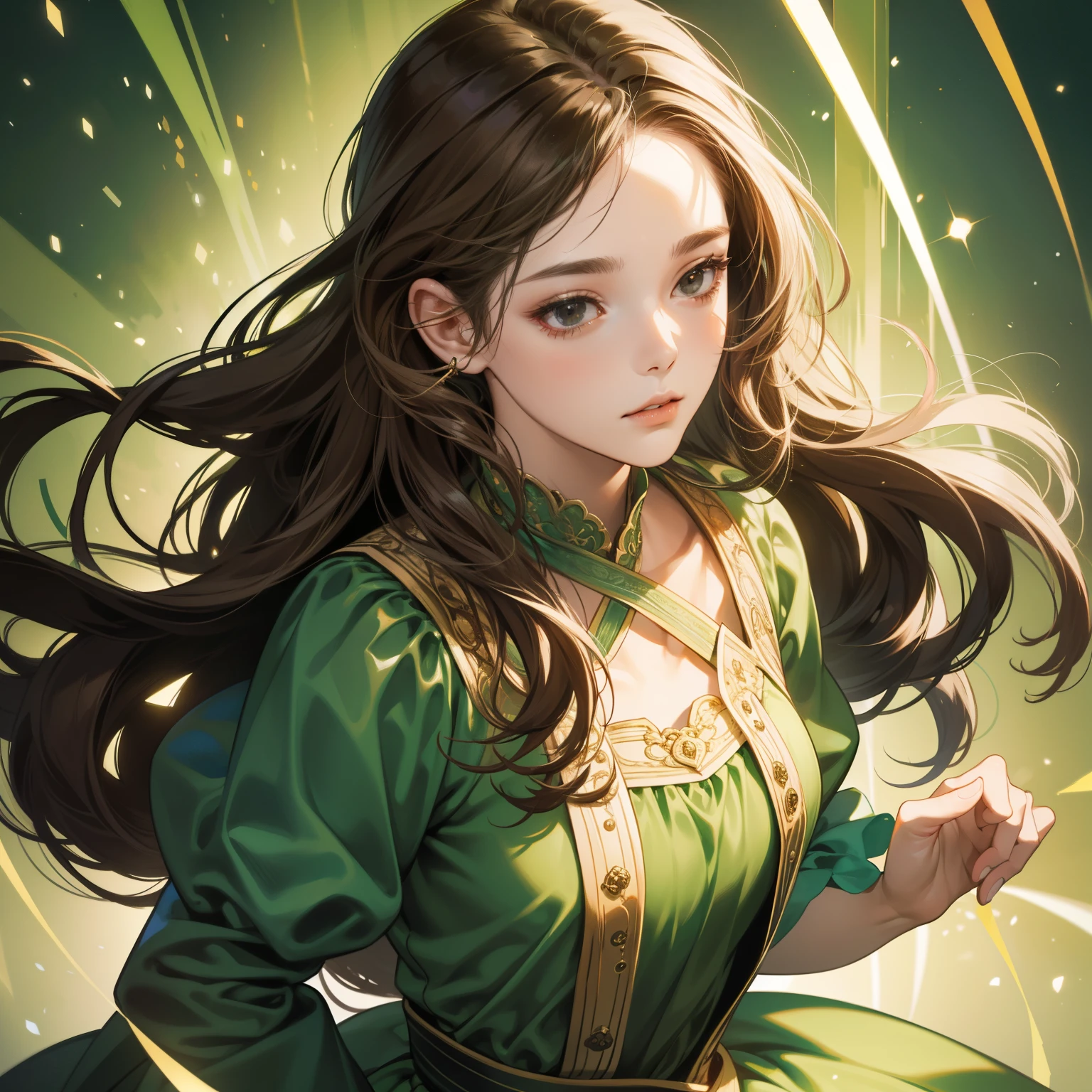 Masterpiece, high quality, best quality, HD, realistic, perfect lighting, detailed body, 1 woman, black eyes, long hair, Brown Hair, cute expression, glowing, green princess dress, Studio background.