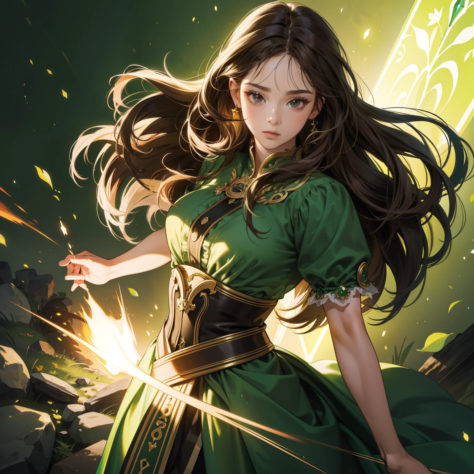 Masterpiece, high quality, best quality, HD, realistic, perfect lighting, detailed body, 1 woman, black eyes, long hair, Brown Hair, cute expression, glowing, green princess dress, Studio background.